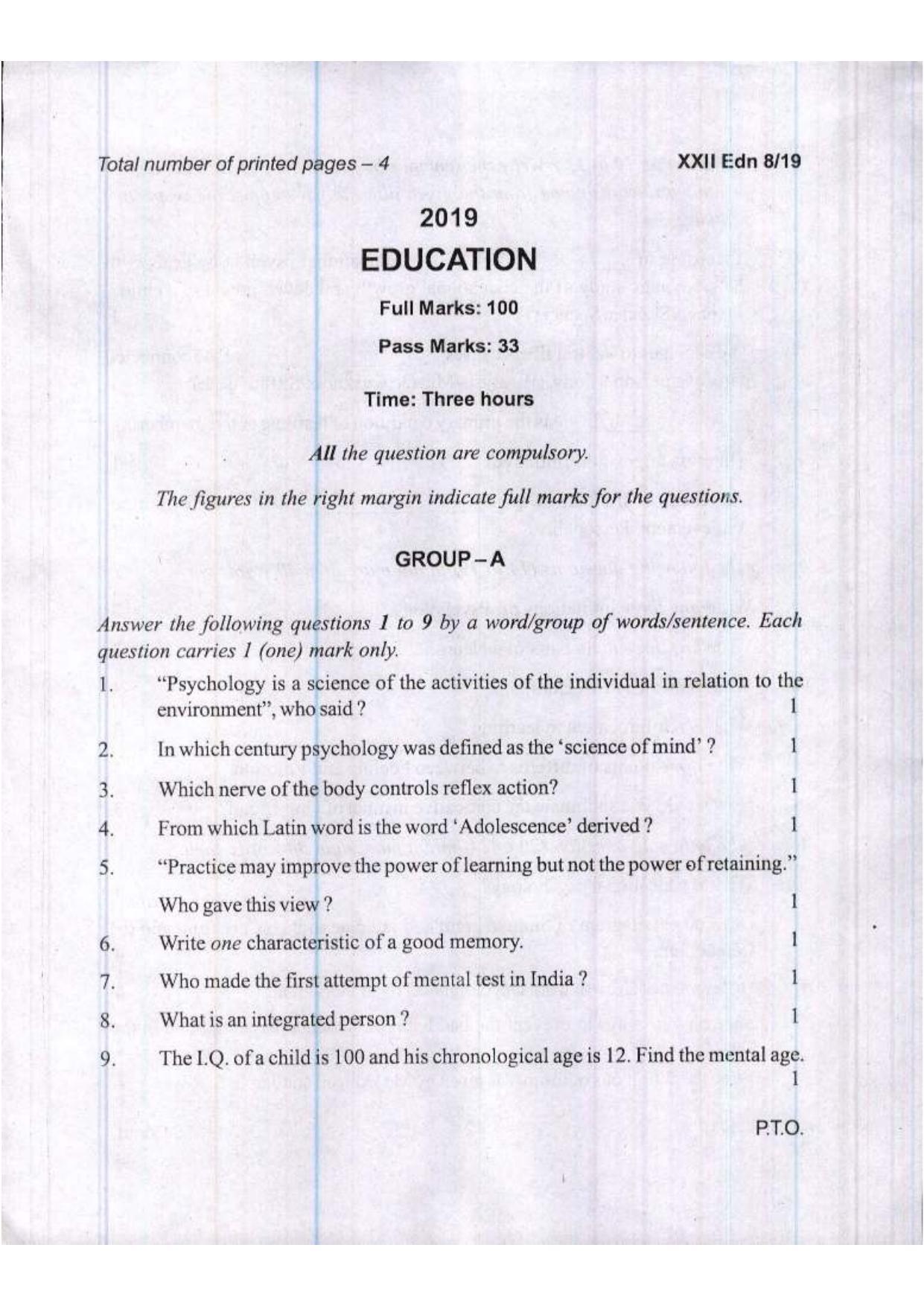 COHSEM Class 12 Education 2019 Question Papers - Page 1