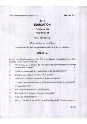 COHSEM Class 12 Education 2019 Question Papers