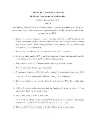 CMI Entrance Exam 2010 Question Paper MSc/PhD Mathematics