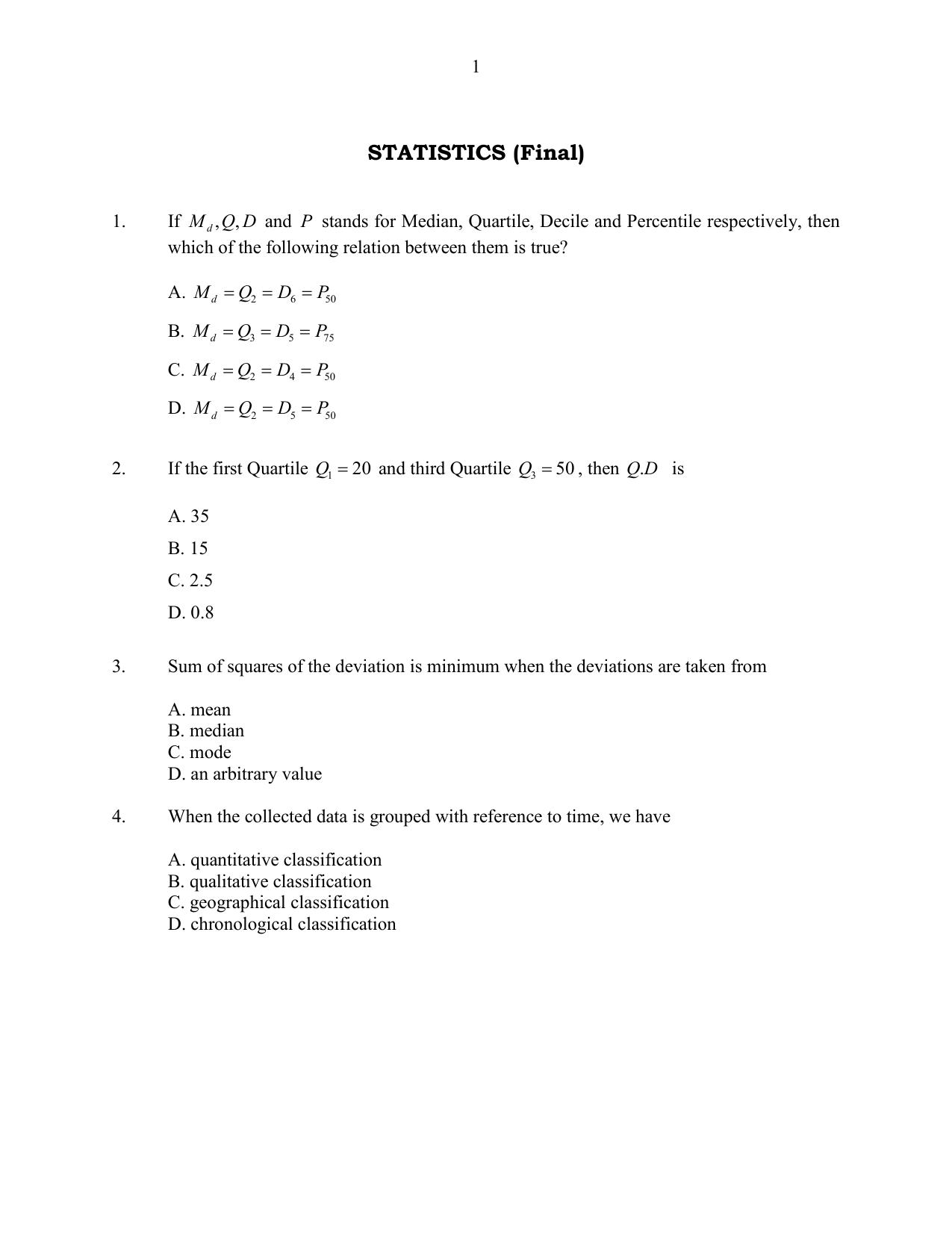 CUSAT CAT 2016 Statistics Question Paper - Page 1