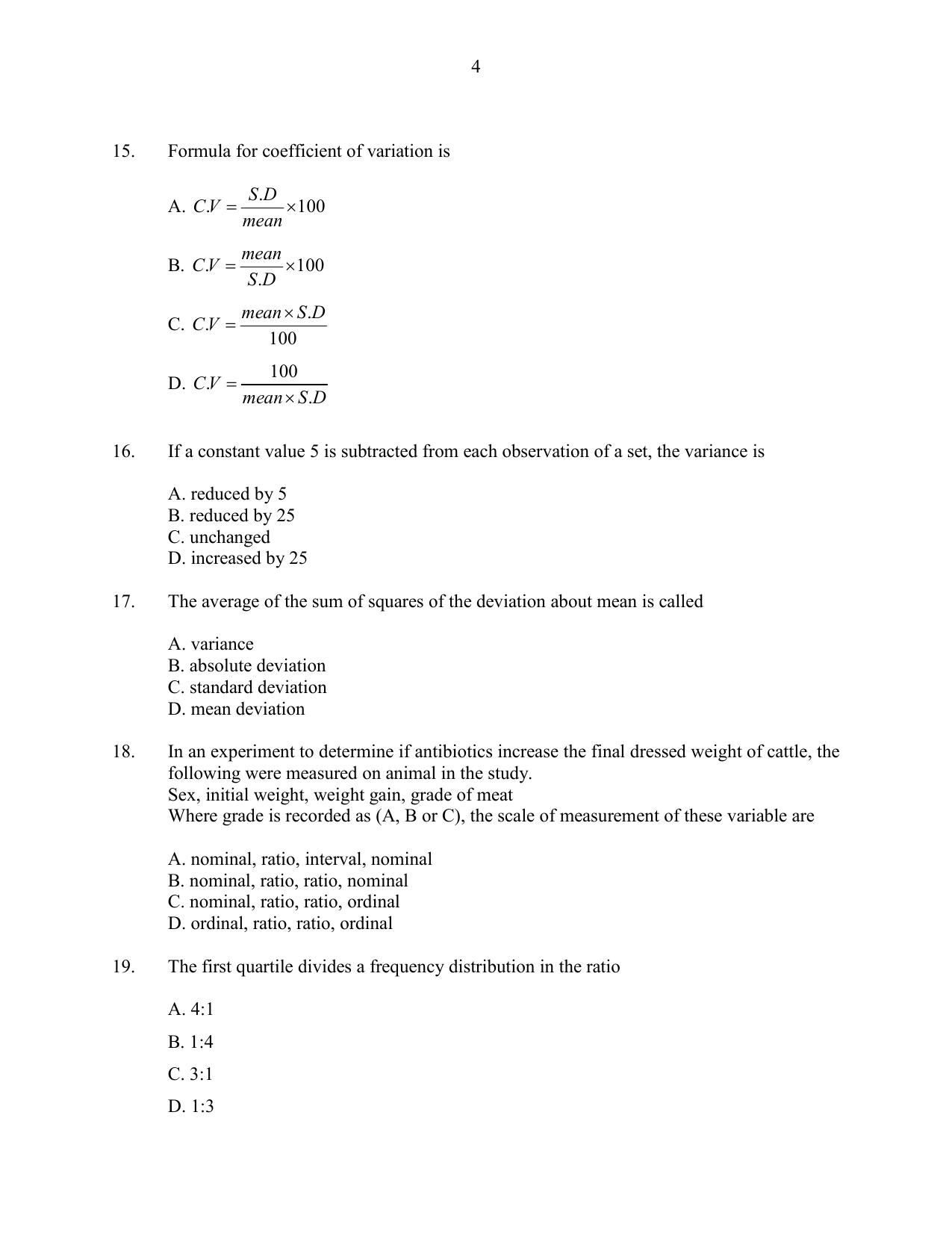 CUSAT CAT 2016 Statistics Question Paper - Page 4