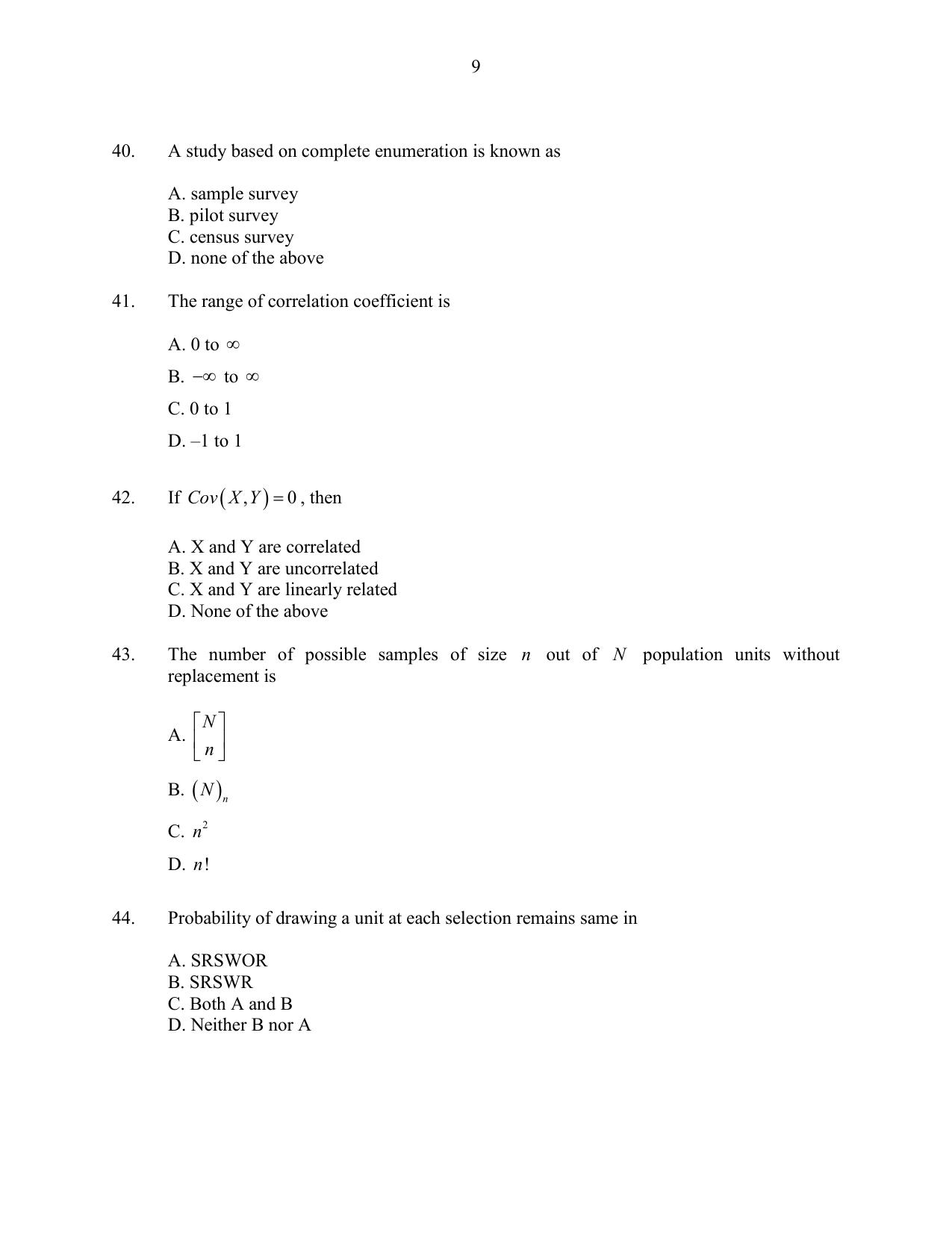 CUSAT CAT 2016 Statistics Question Paper - Page 9
