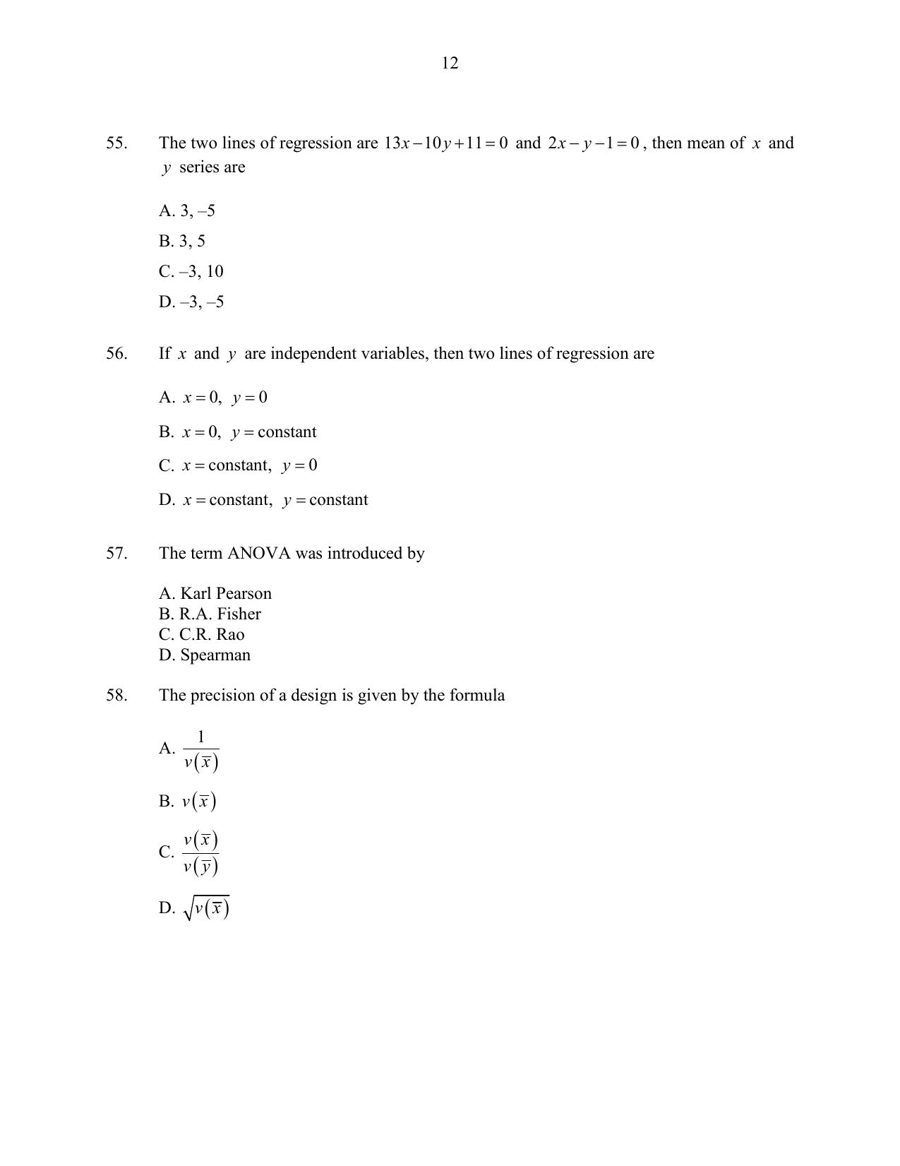 CUSAT CAT 2016 Statistics Question Paper - Page 12