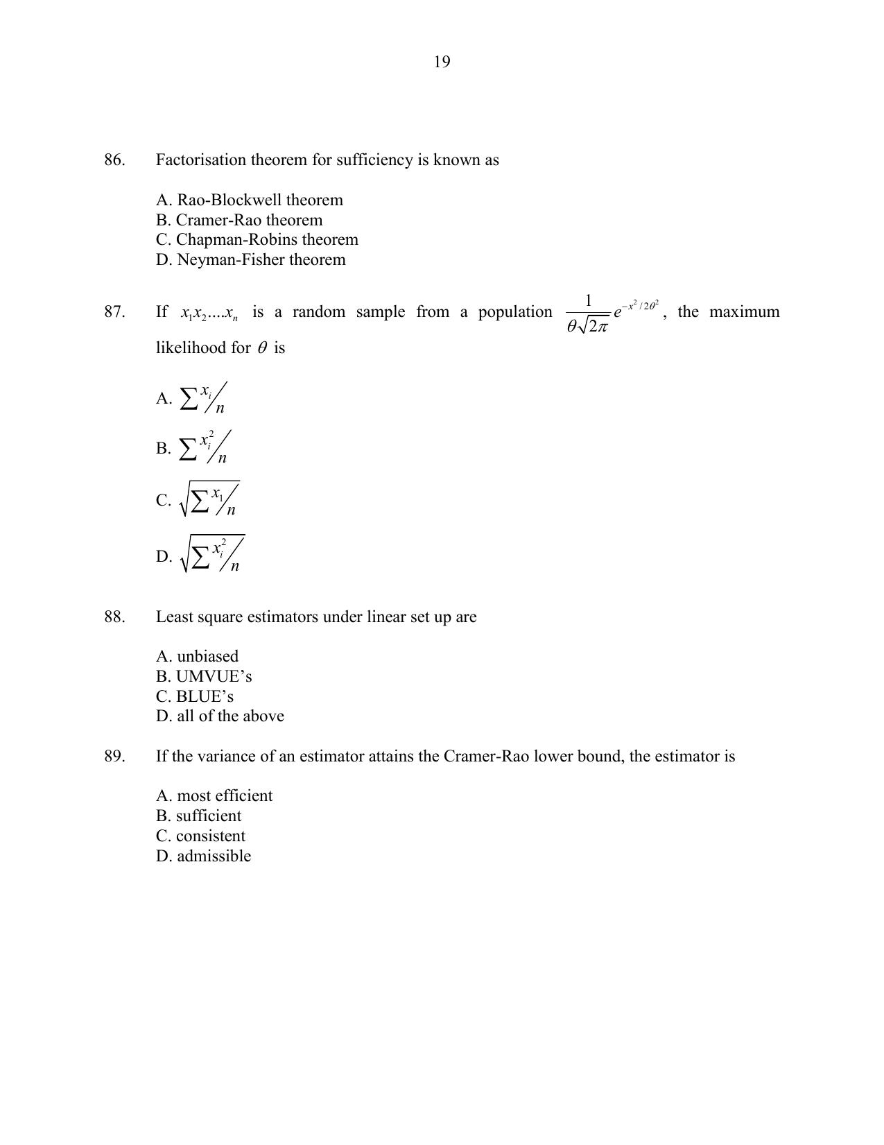 CUSAT CAT 2016 Statistics Question Paper - Page 19