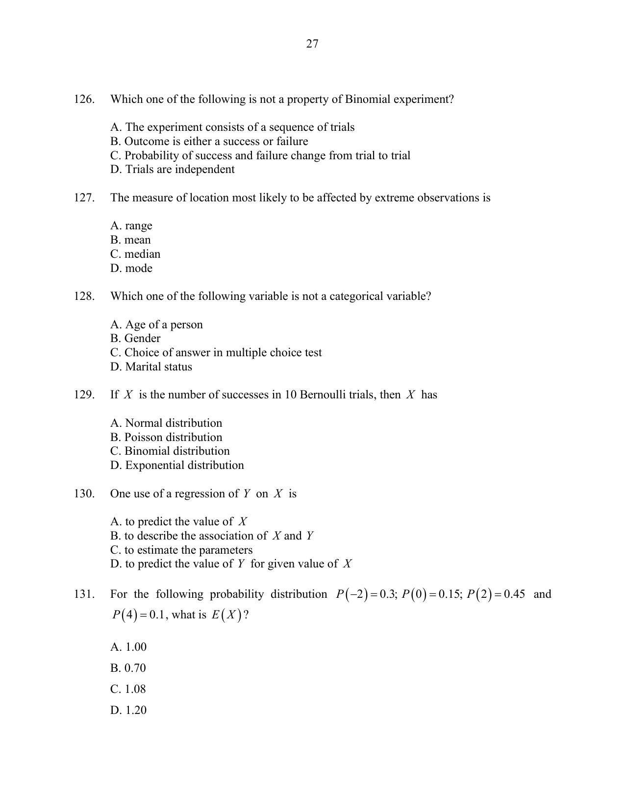 CUSAT CAT 2016 Statistics Question Paper - Page 27