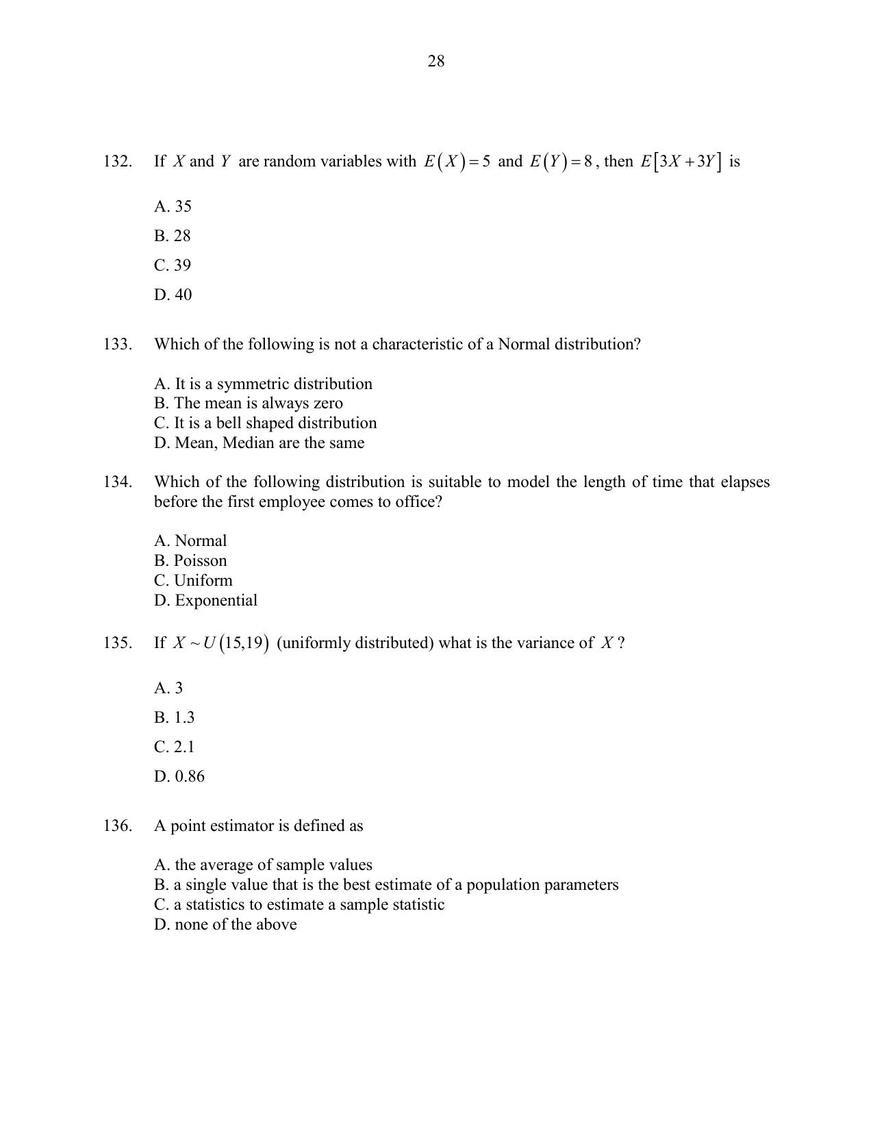 CUSAT CAT 2016 Statistics Question Paper - Page 28