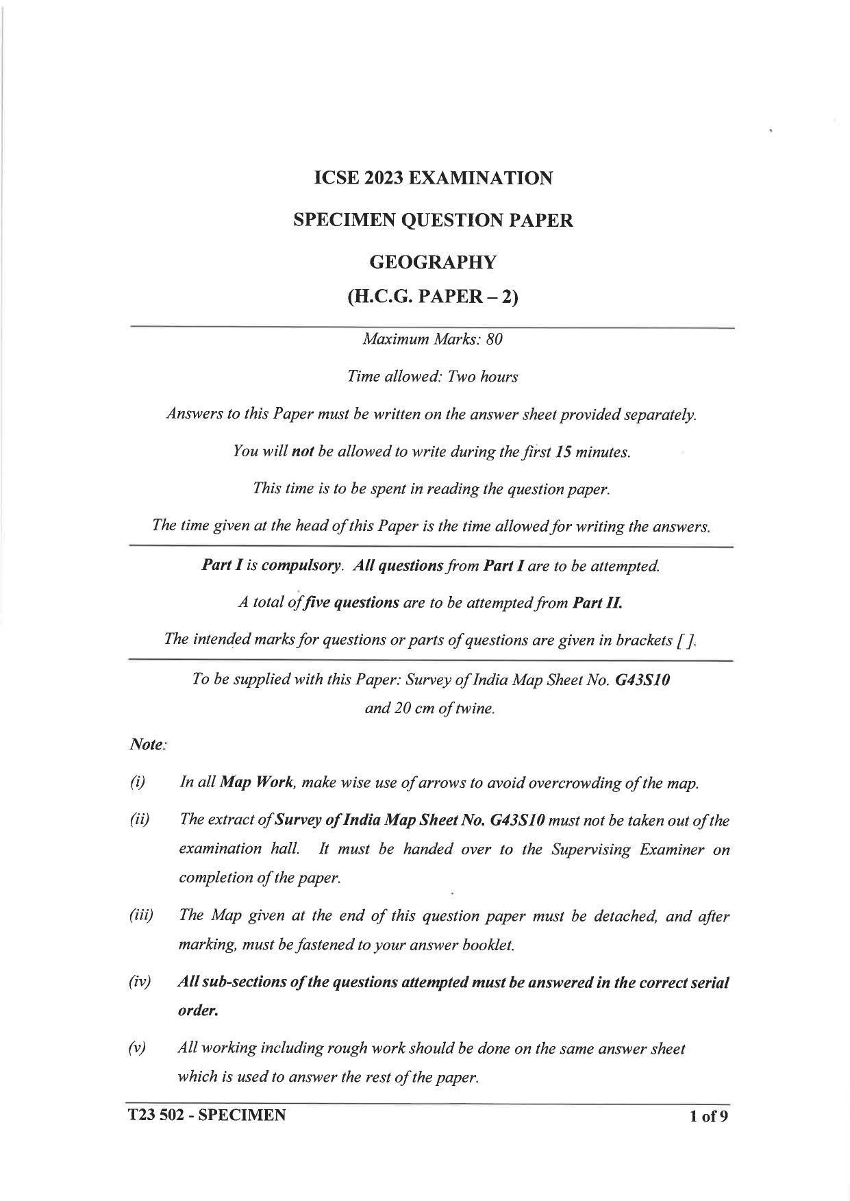ICSE Class 10 Geography Sample Paper 2023 - Page 1