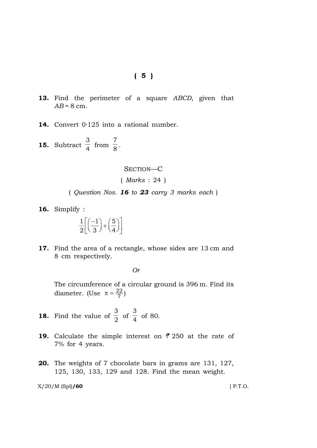 Meghalaya Board (MBOSE) Class 10 MATHEMATICS ( Special ) 2020 Question Paper - Page 5