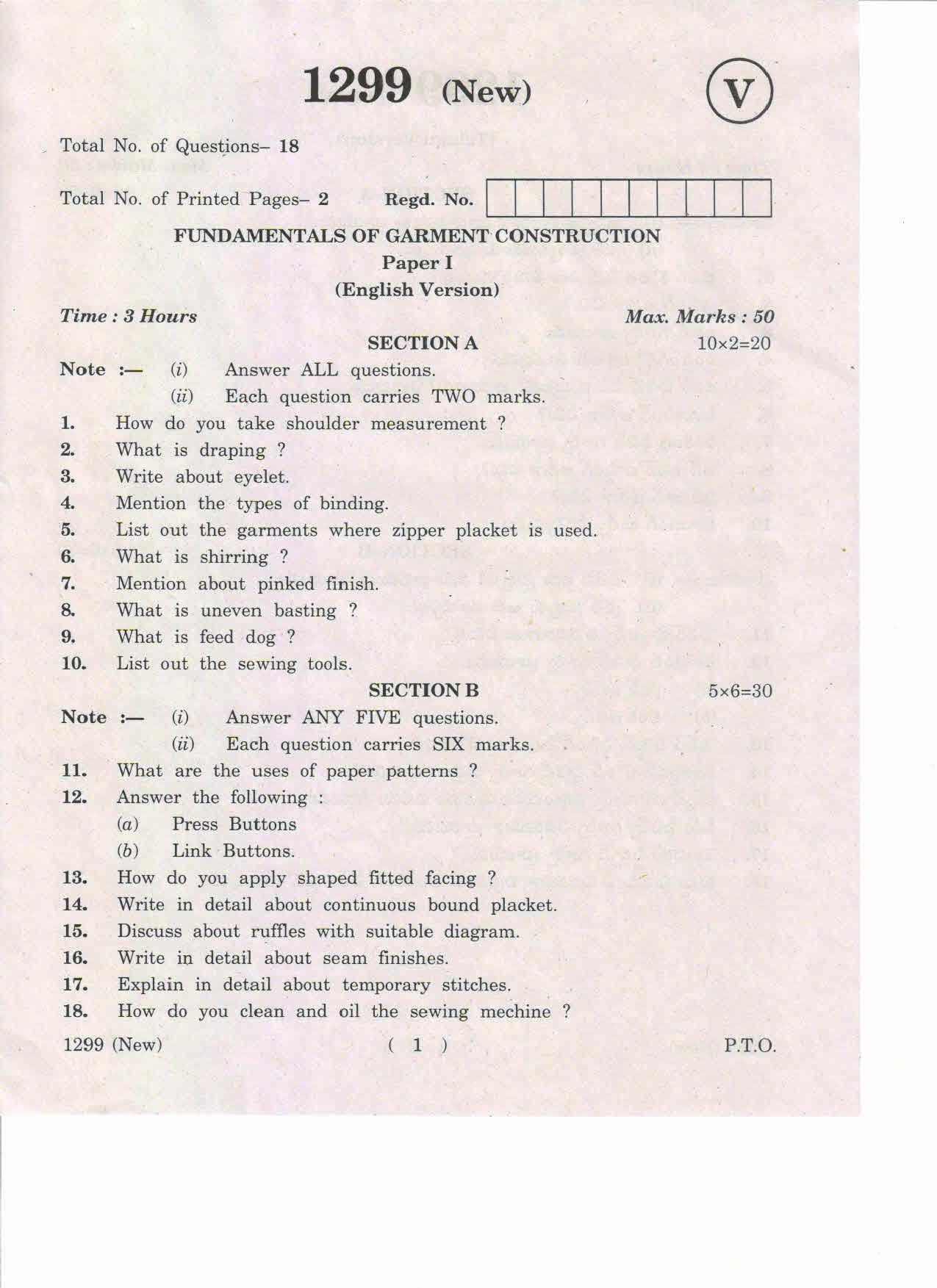 AP Inter 1st Year Fundamentals of Garment Construction-I (New) May-2019-Vocational Question Paper - Page 1