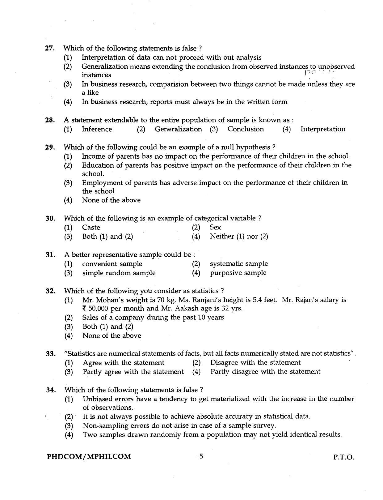 IGNOU PhD Entrance Test Ph.D./M.Phil. (Commerce) Programme 2016 Question Paper - Page 5