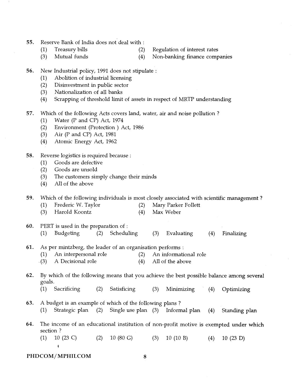 IGNOU PhD Entrance Test Ph.D./M.Phil. (Commerce) Programme 2016 Question Paper - Page 8