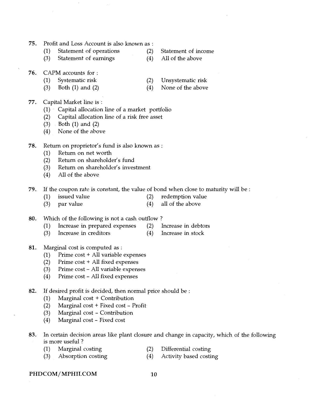 IGNOU PhD Entrance Test Ph.D./M.Phil. (Commerce) Programme 2016 Question Paper - Page 10