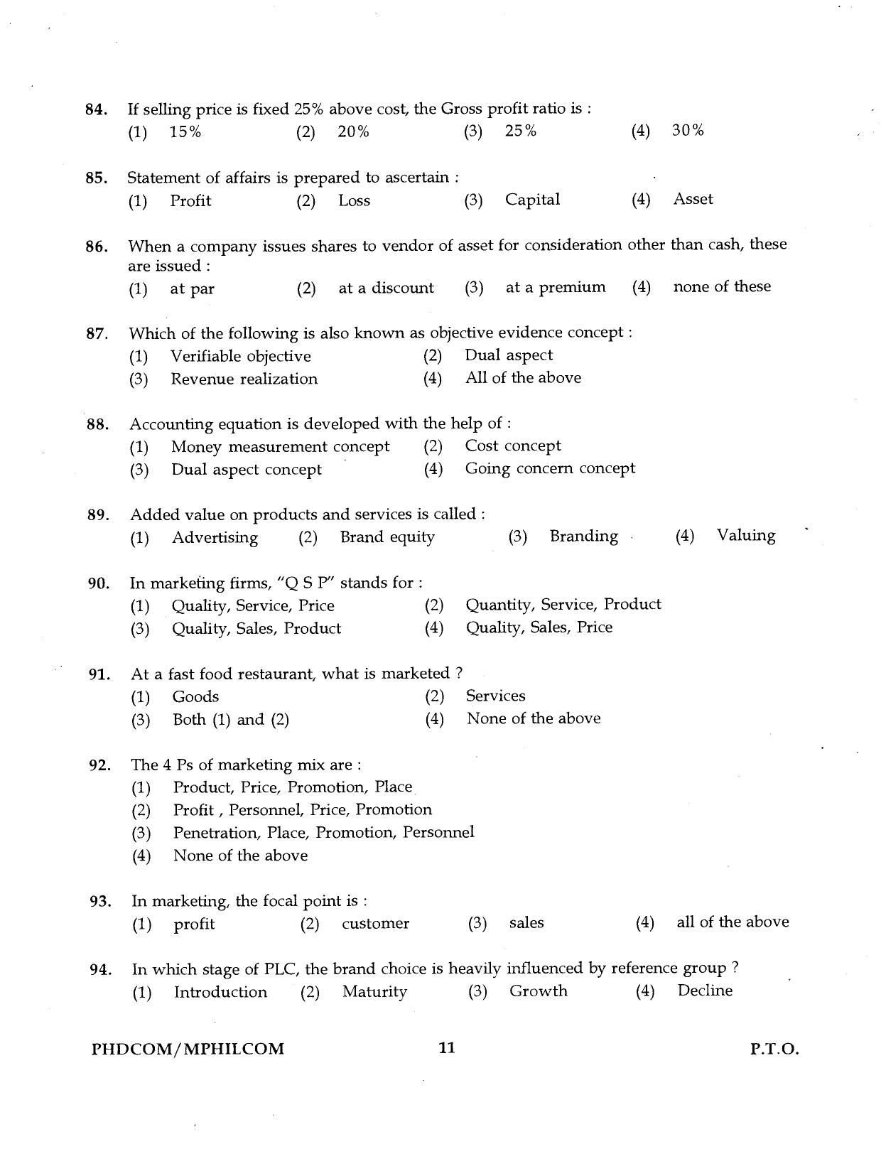IGNOU PhD Entrance Test Ph.D./M.Phil. (Commerce) Programme 2016 Question Paper - Page 11