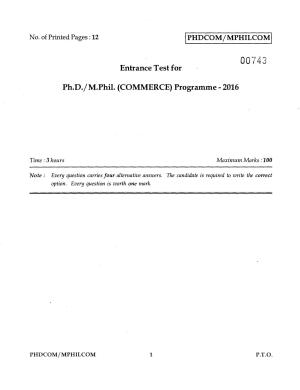 IGNOU PhD Entrance Test Ph.D./M.Phil. (Commerce) Programme 2016 Question Paper