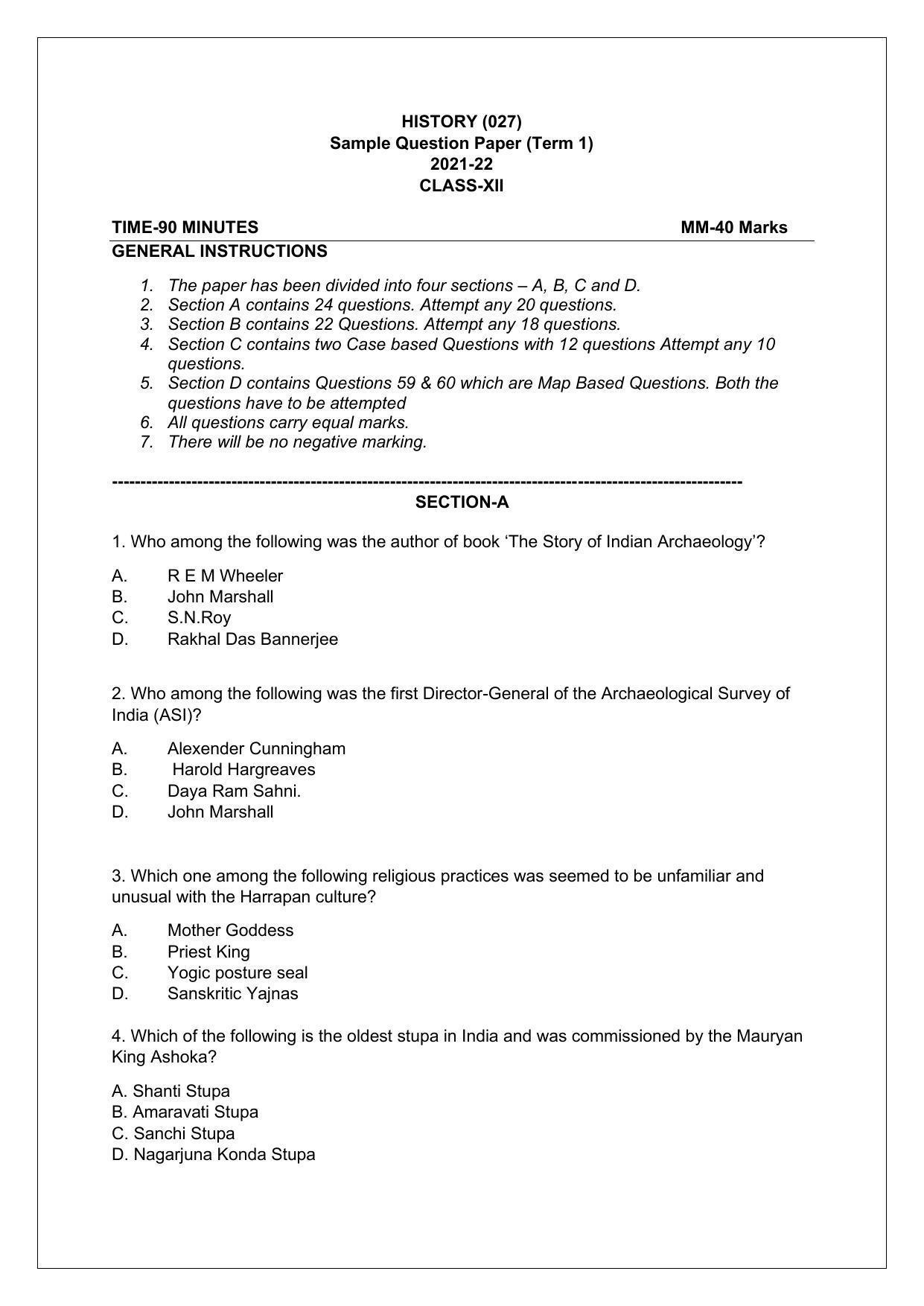 CBSE Class 12th History Sample Question Paper 2021-22 - Page 1