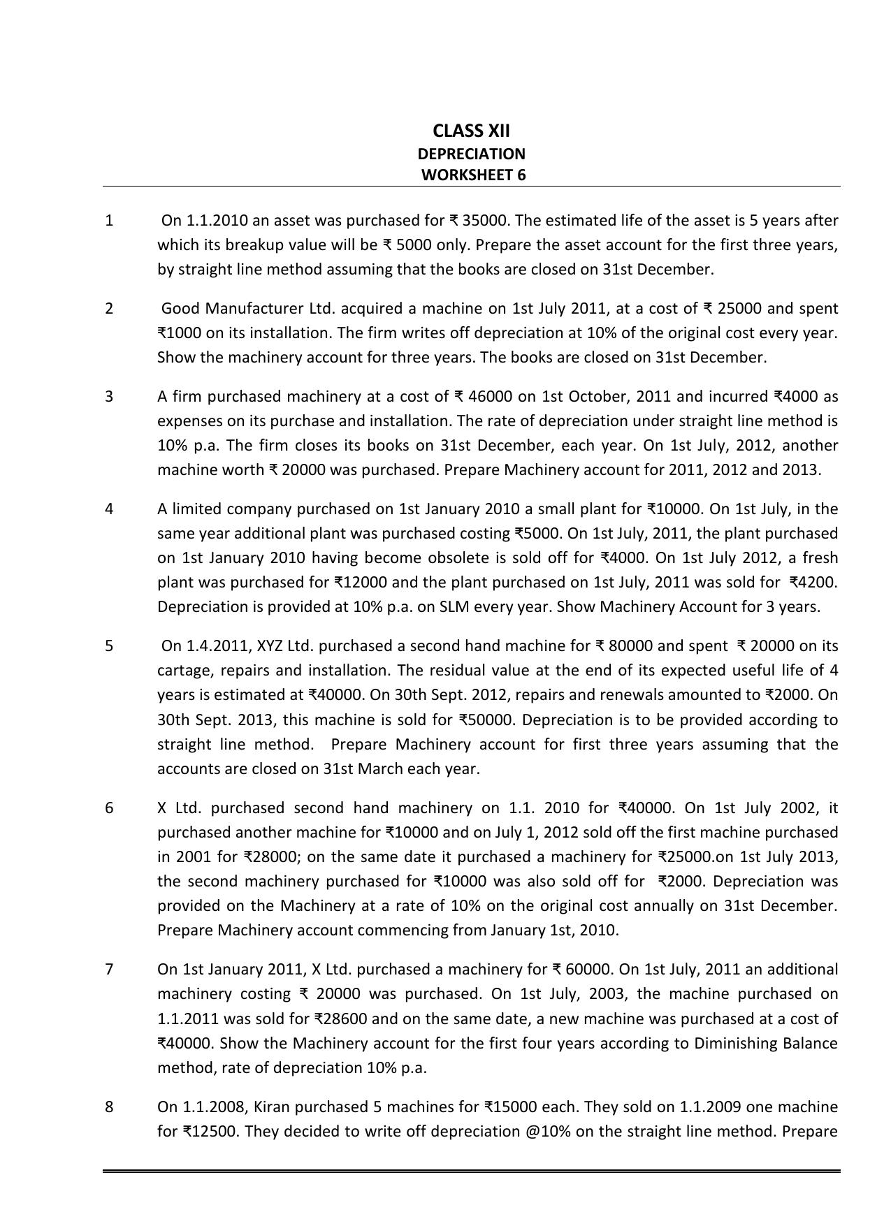 CBSE Worksheets for Class 11 Accountancy Depreciation Assignment - Page 1