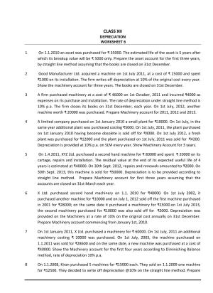 CBSE Worksheets for Class 11 Accountancy Depreciation Assignment