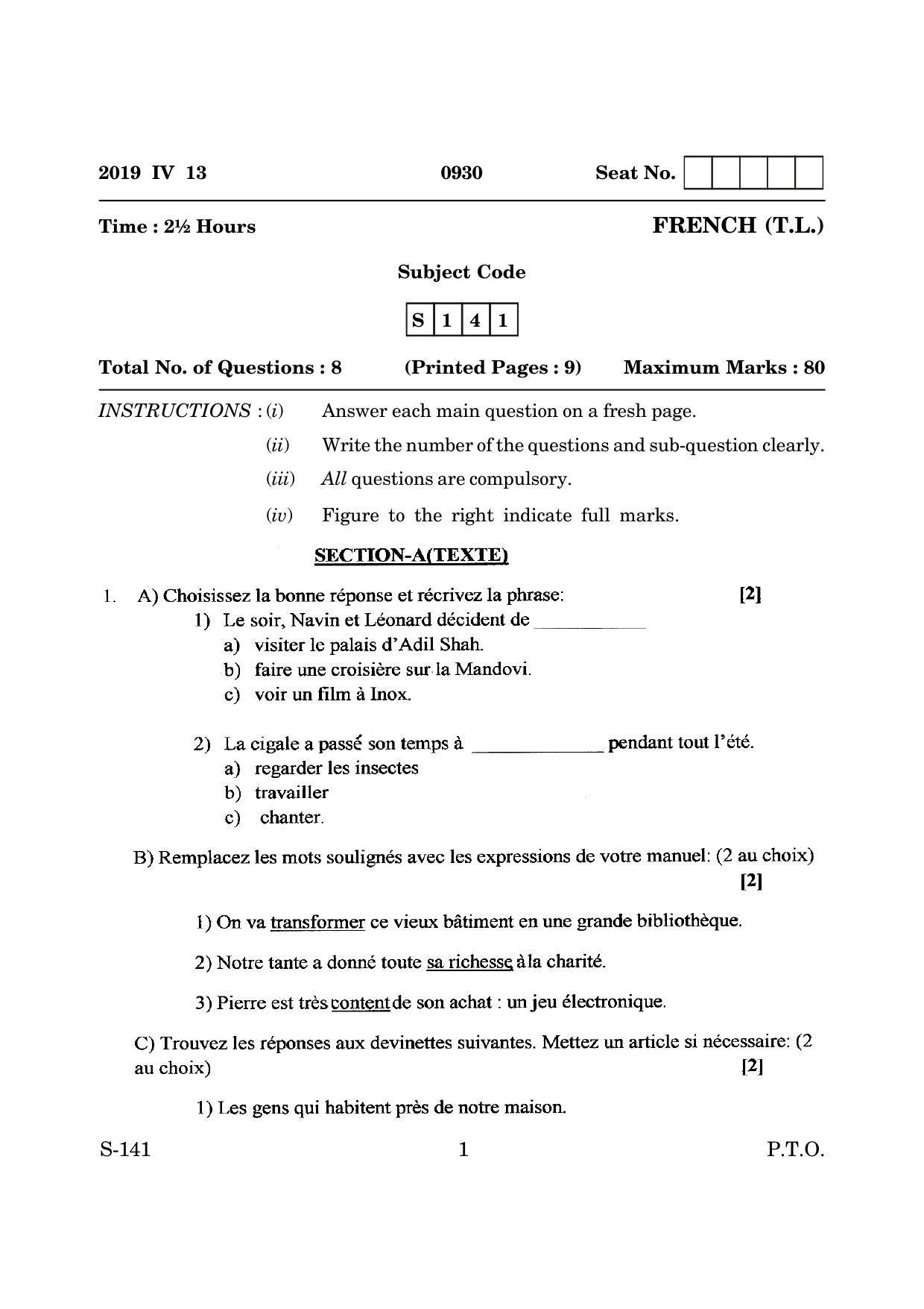 Goa Board Class 10 French Tl  (March 2019) Question Paper - Page 1