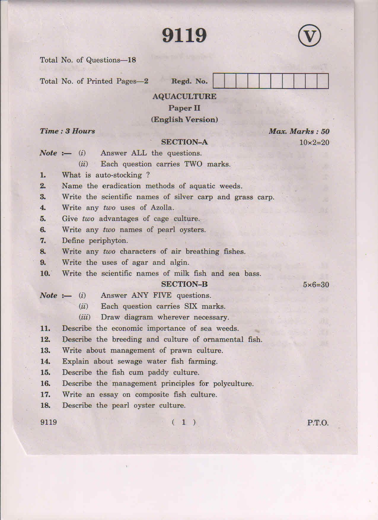 AP Inter 2nd Year Aquaculture-II March-2019-Vocational Question Paper - Page 1