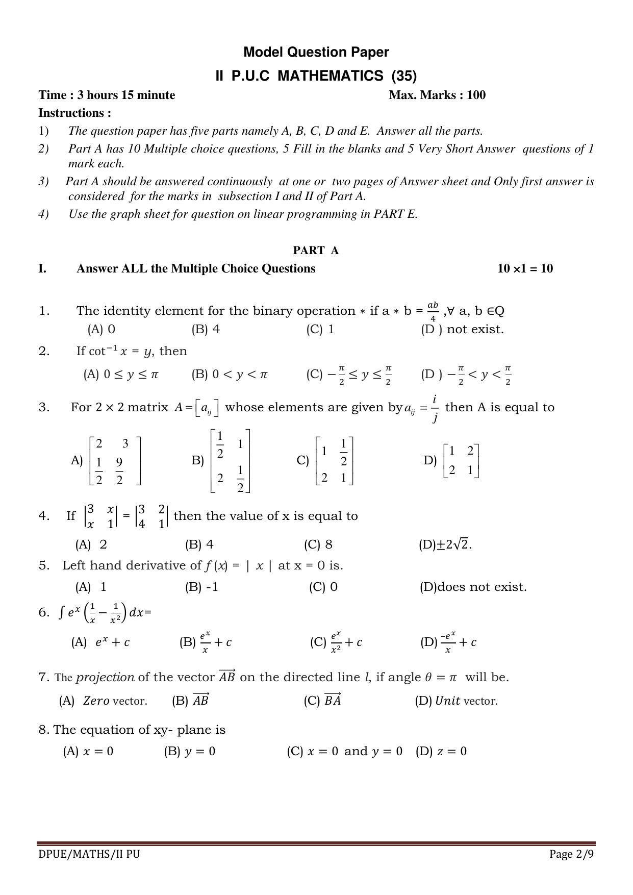 Karnataka II PUC Mathematics Model Question Paper 2023 - Page 2