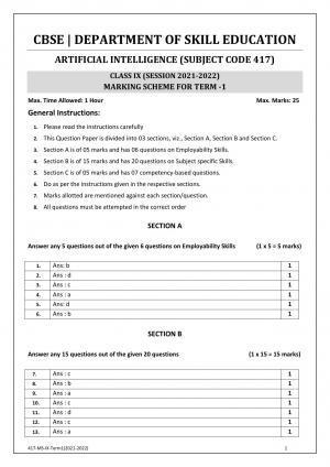 CBSE Class 10 Skill Education (Term I) - Artificial Intelligence Marking Scheme 2021-22