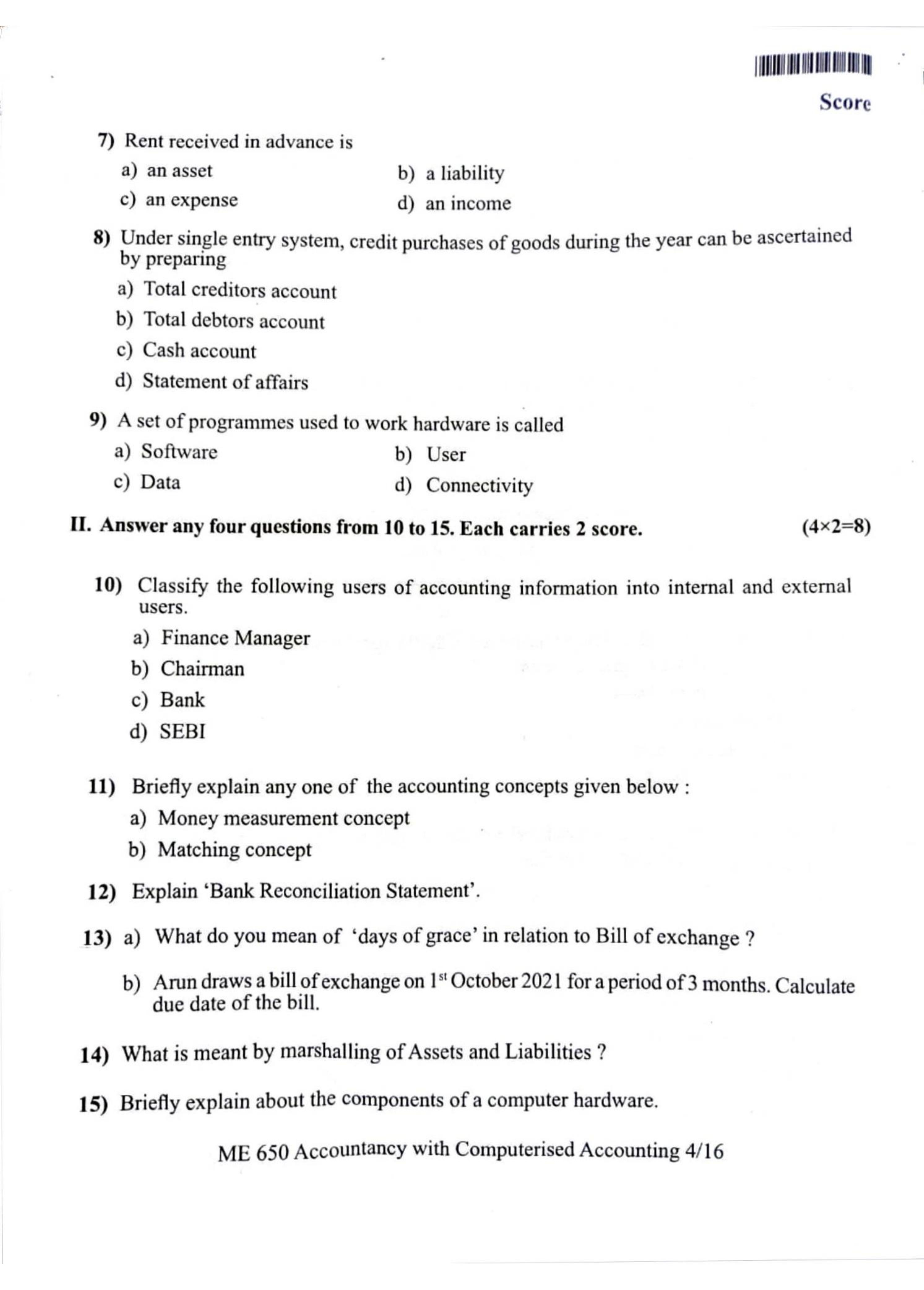 Kerala Plus One 2022 Accountancy (CA) Question Paper (Model) - Page 3