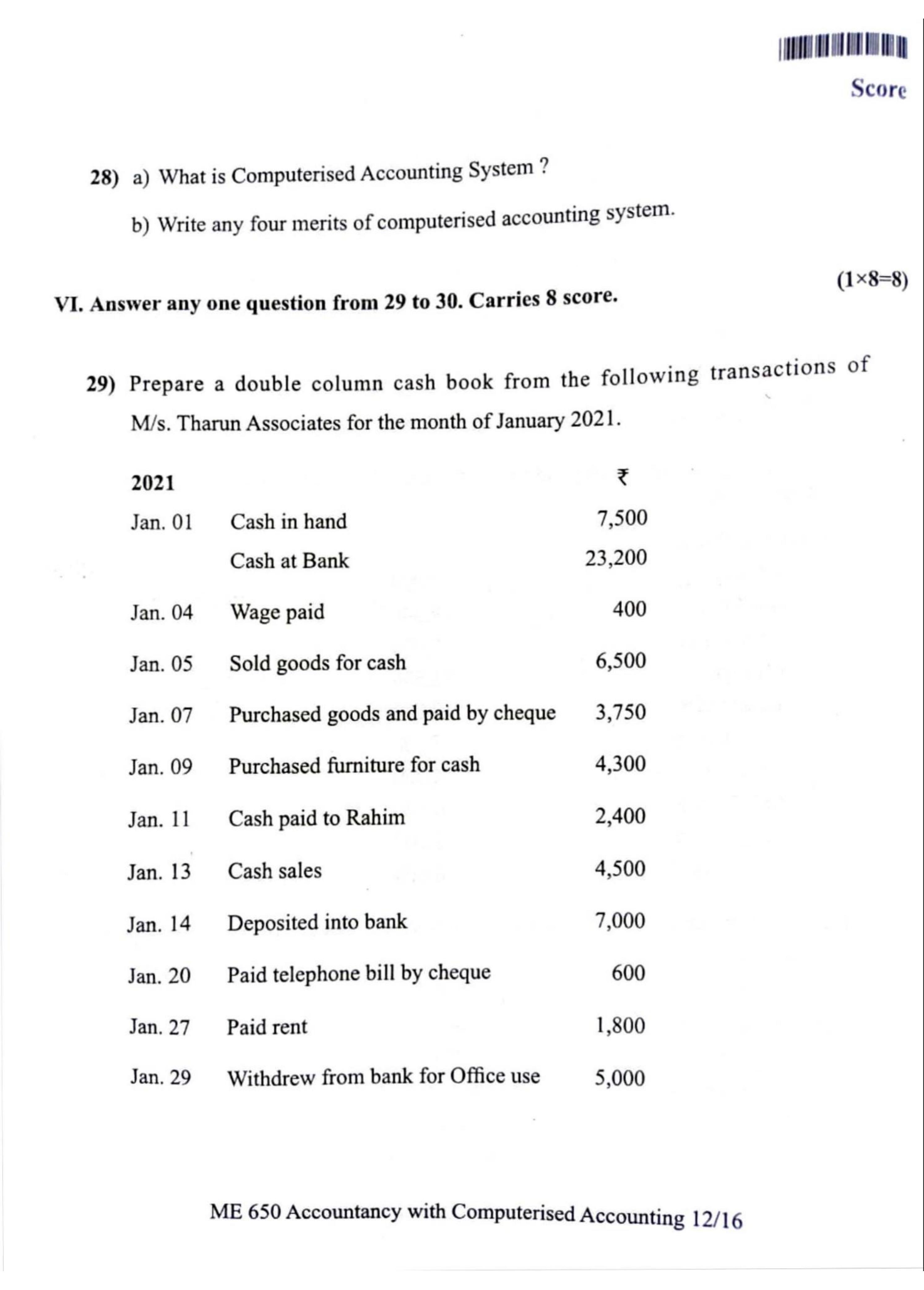 Kerala Plus One 2022 Accountancy (CA) Question Paper (Model) - Page 7