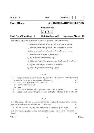 Goa Board Class 12 Accomodation Operation   (June 2019) Question Paper