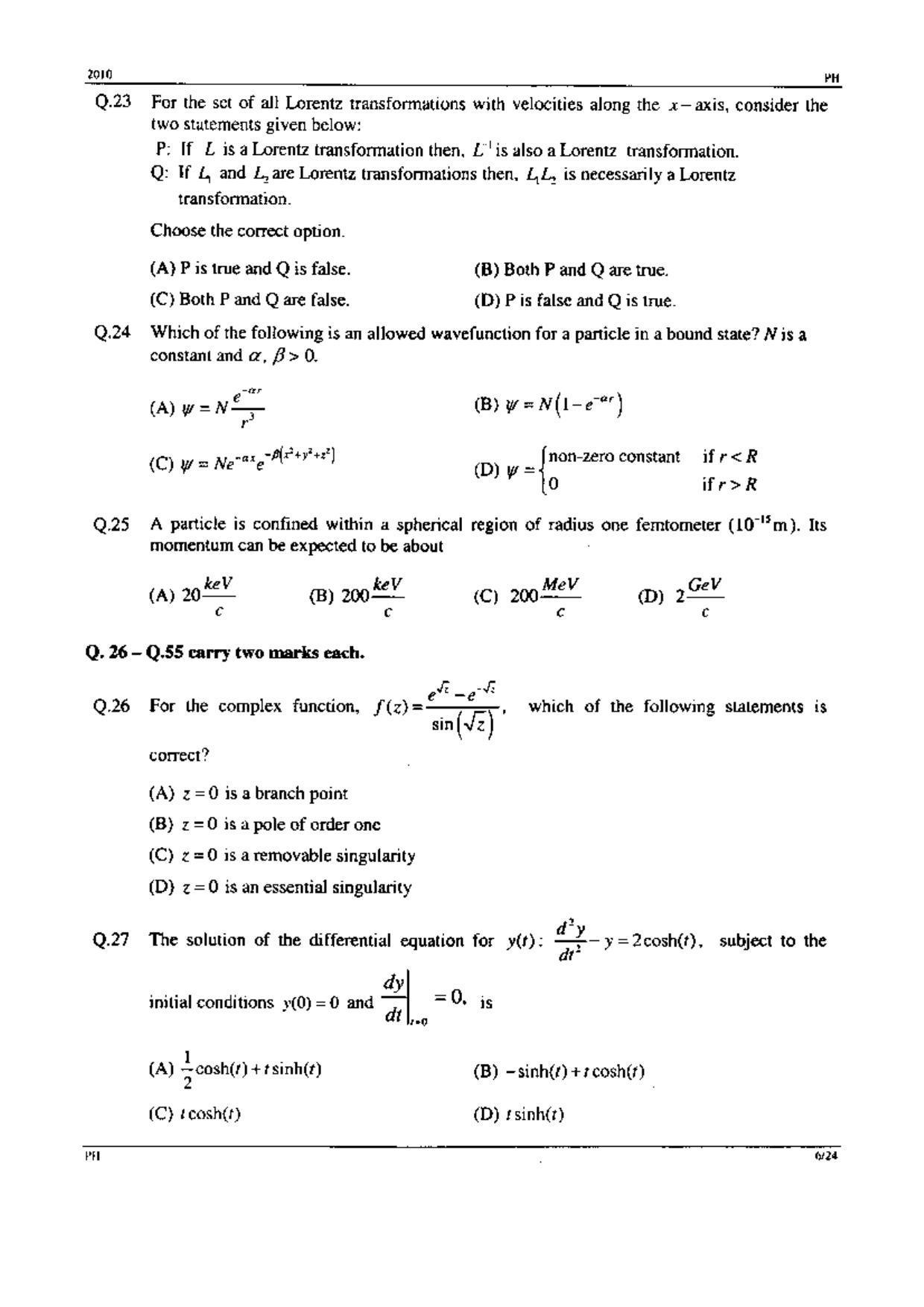GATE 2010 Physics (PH) Question Paper with Answer Key - Page 6