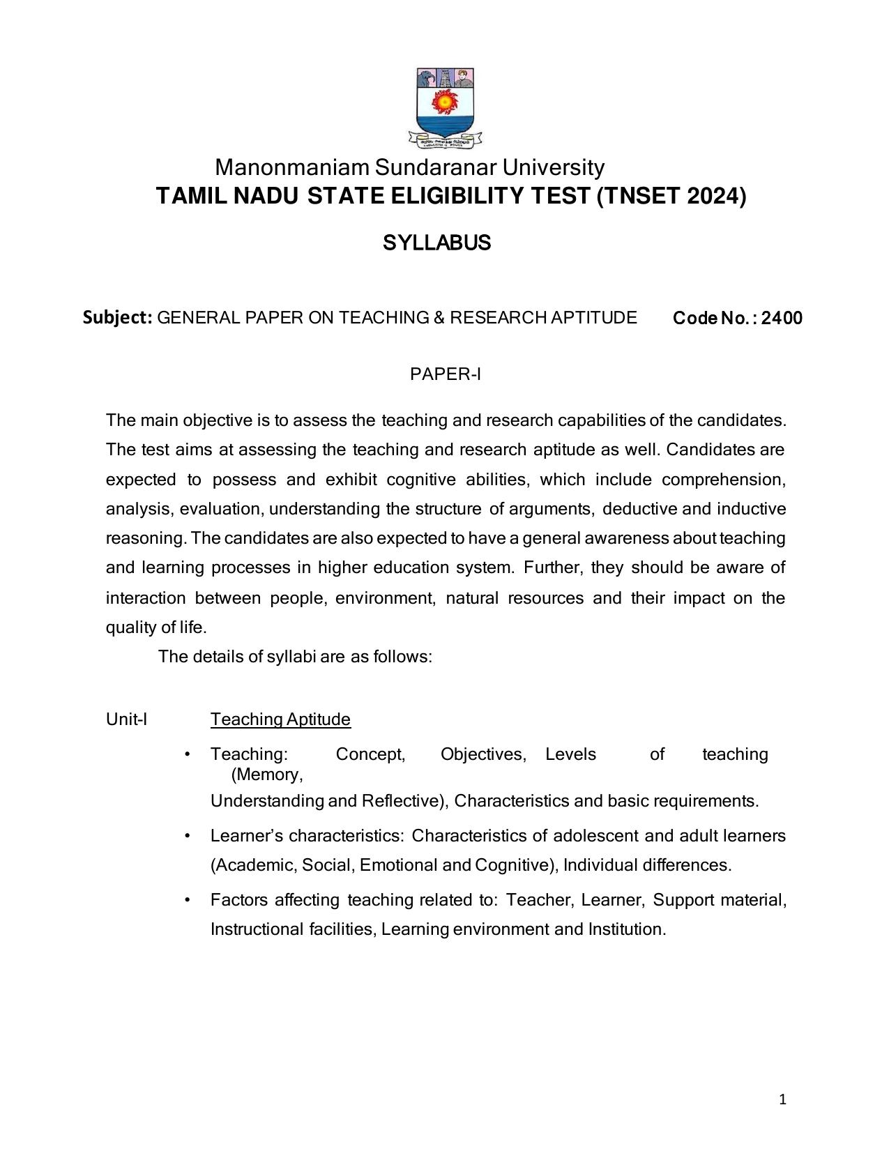 TNSET Syllabus - General Paper On Teaching & Research Aptitude - Page 1