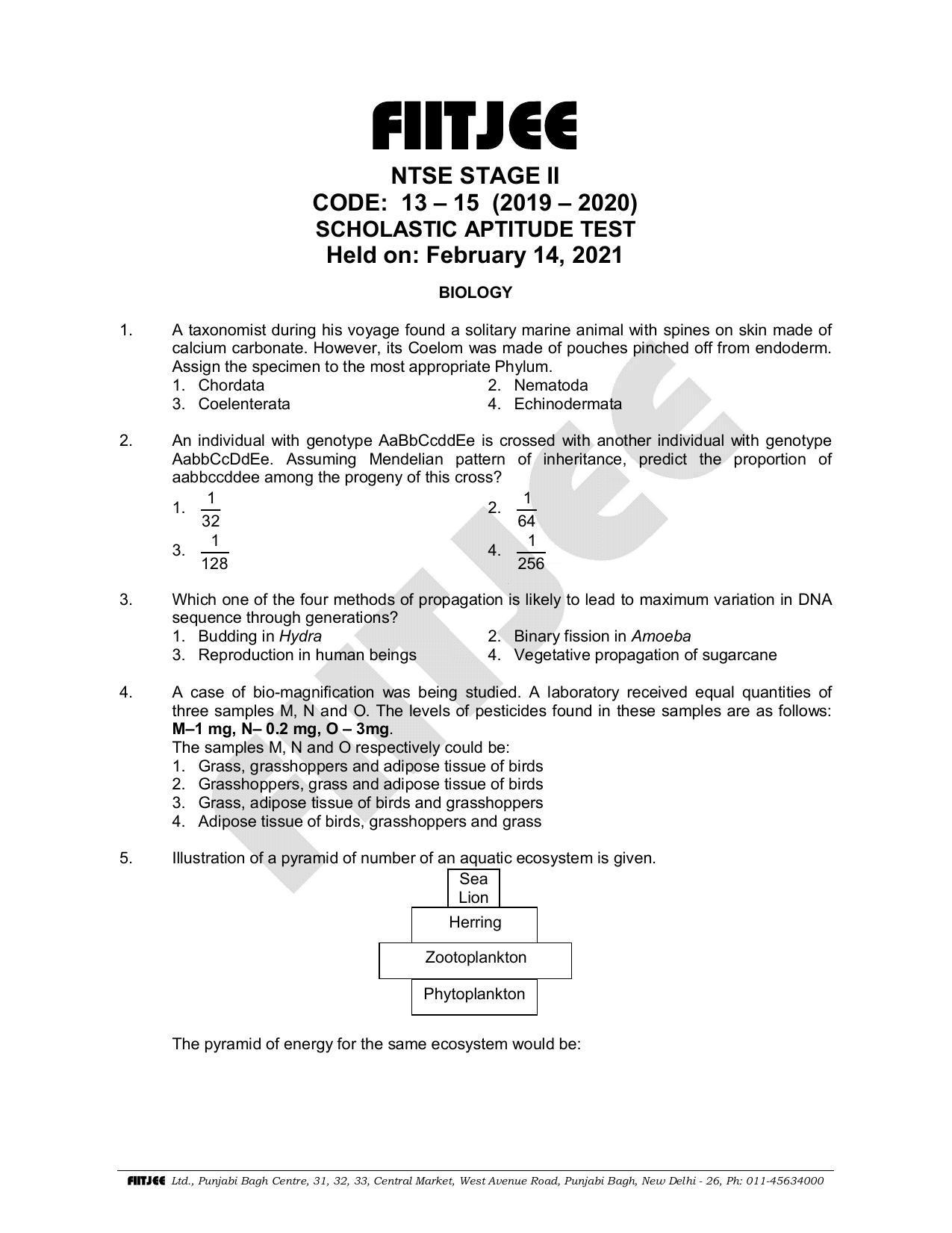 NTSE 2020 (Stage II) SAT Paper (February 14, 2021) - Page 1