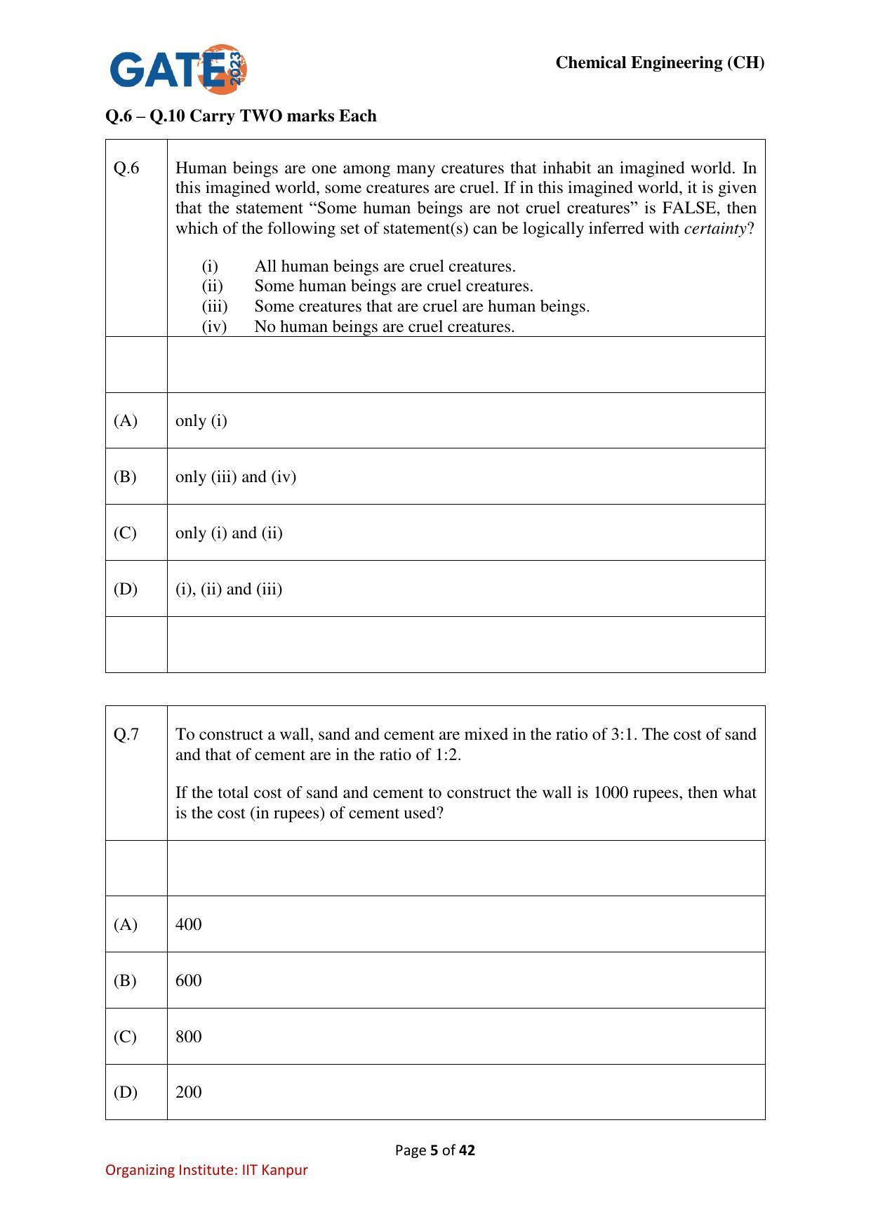 GATE 2023 Chemical Engineering (CH) Question Paper - Page 5