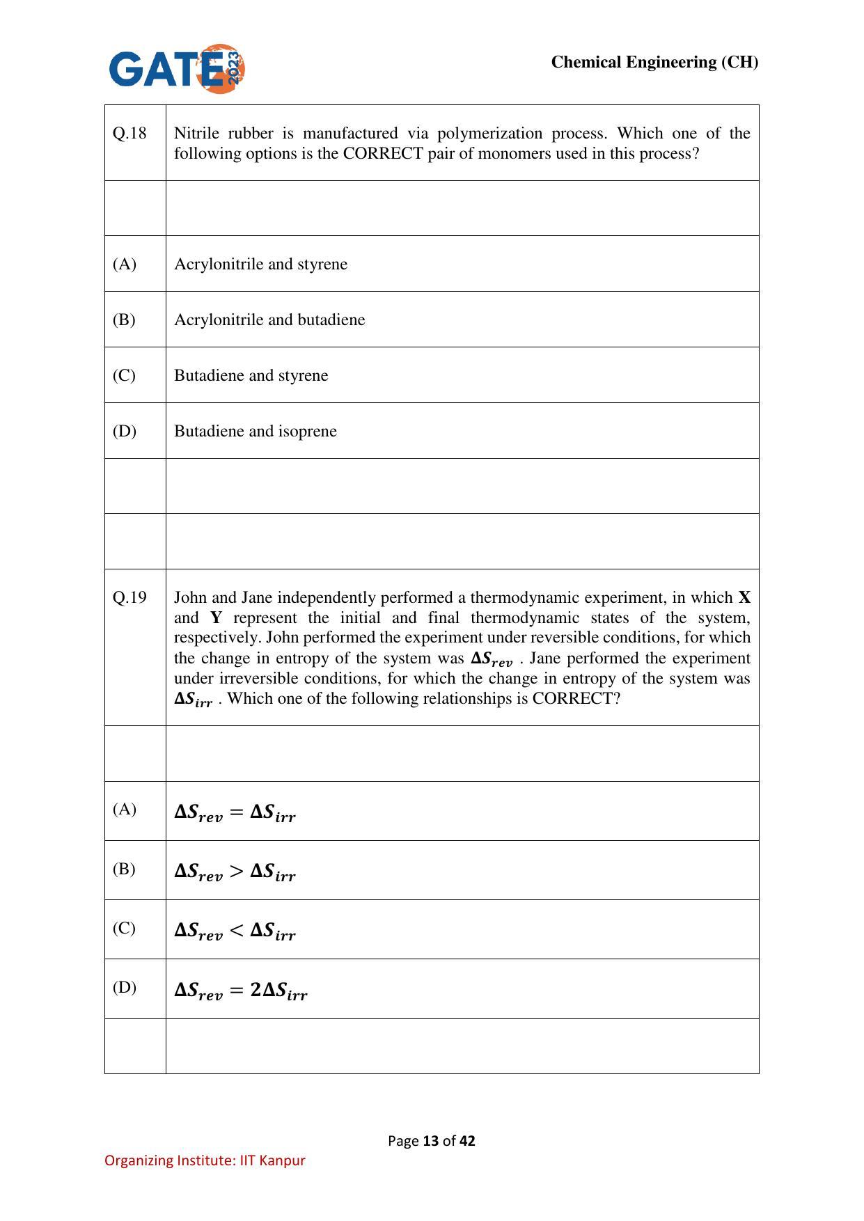 GATE 2023 Chemical Engineering (CH) Question Paper - Page 13