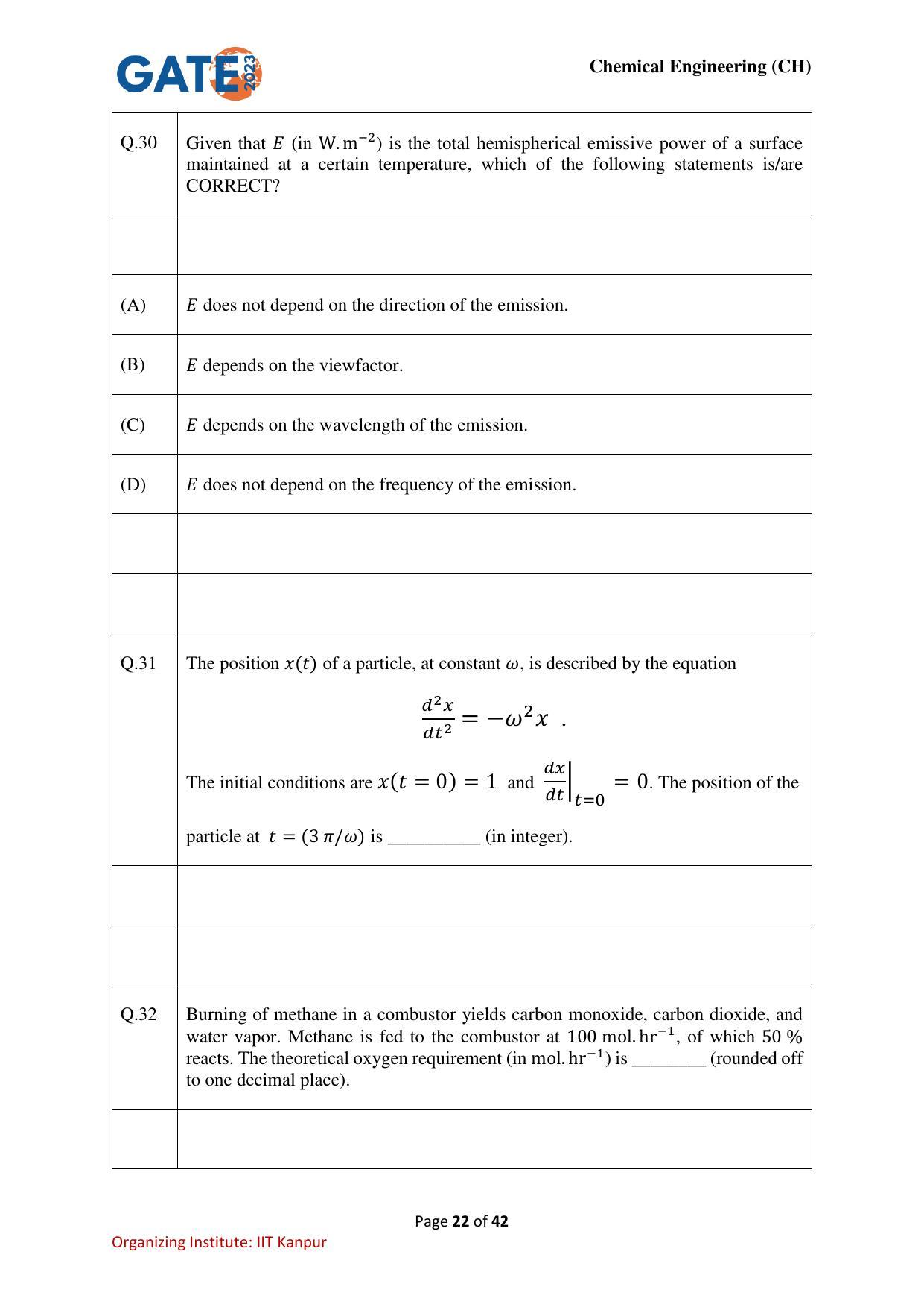 GATE 2023 Chemical Engineering (CH) Question Paper - Page 22