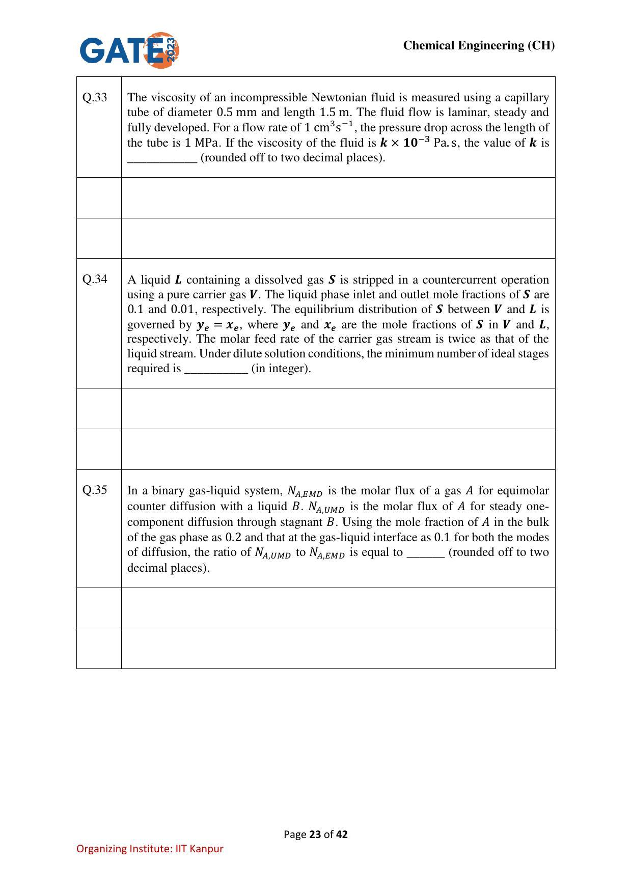 GATE 2023 Chemical Engineering (CH) Question Paper - Page 23