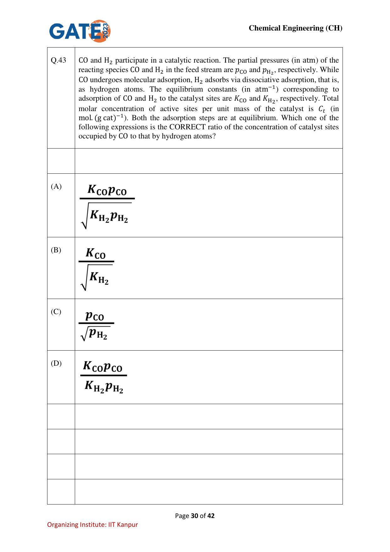 GATE 2023 Chemical Engineering (CH) Question Paper - Page 30