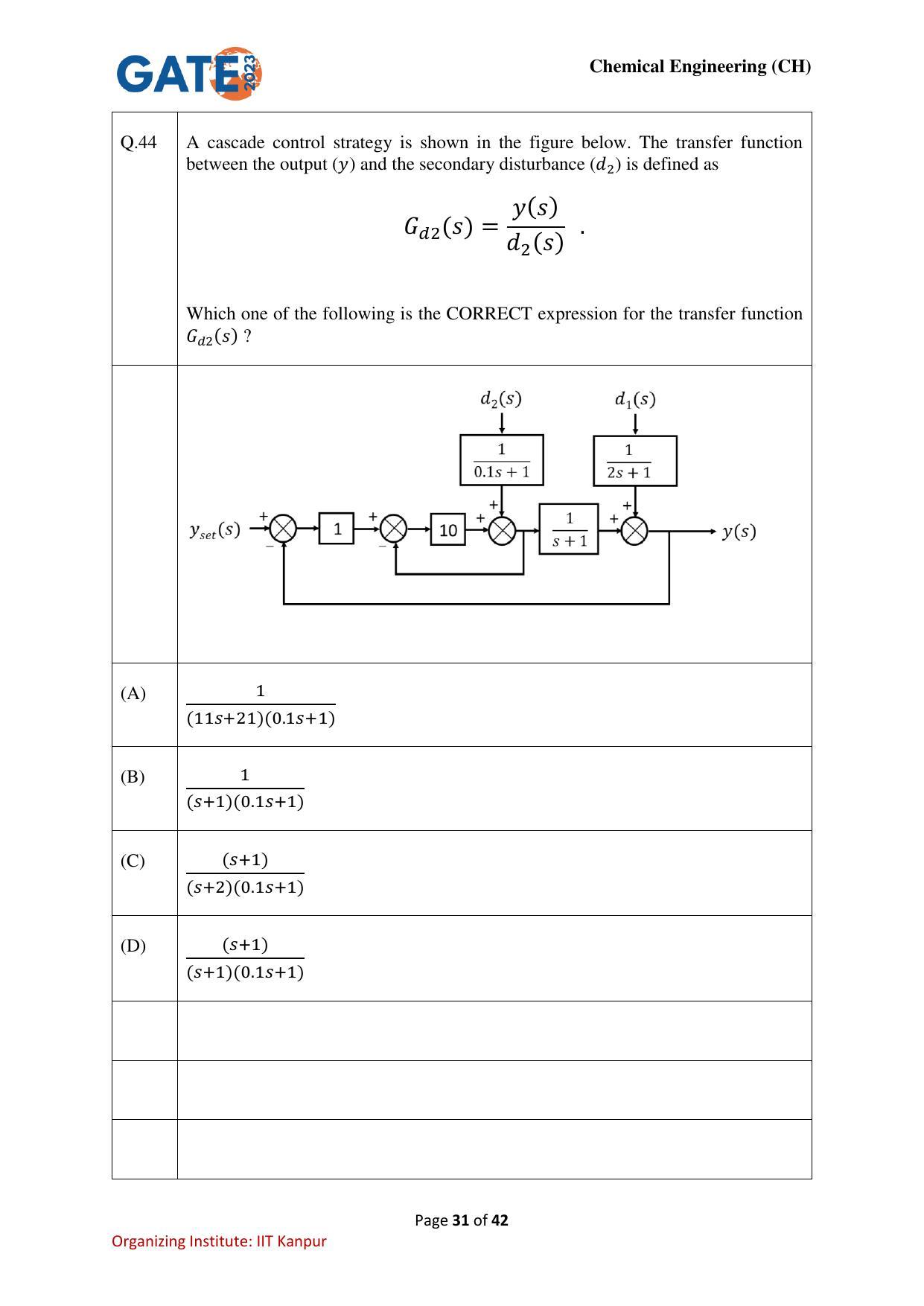 GATE 2023 Chemical Engineering (CH) Question Paper - Page 31