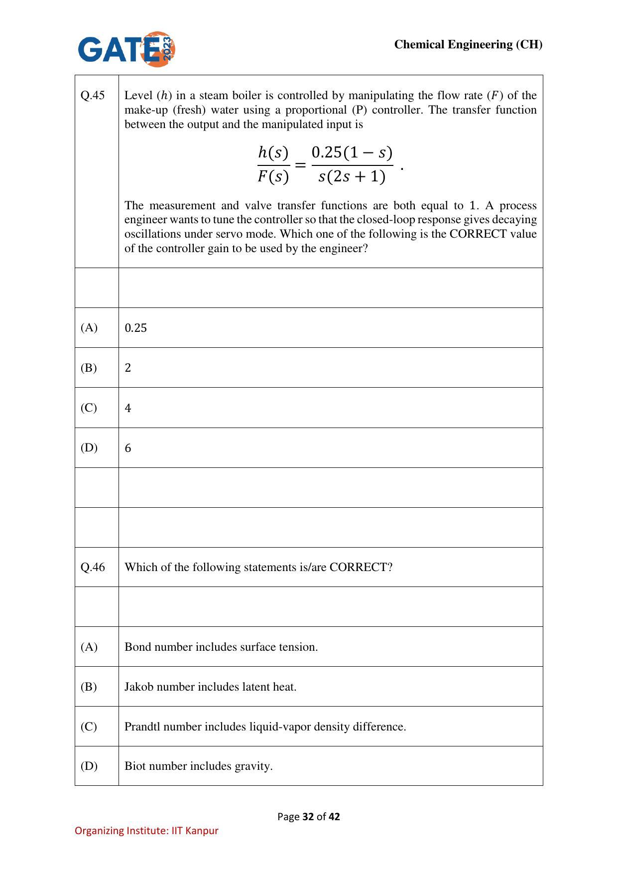 GATE 2023 Chemical Engineering (CH) Question Paper - Page 32