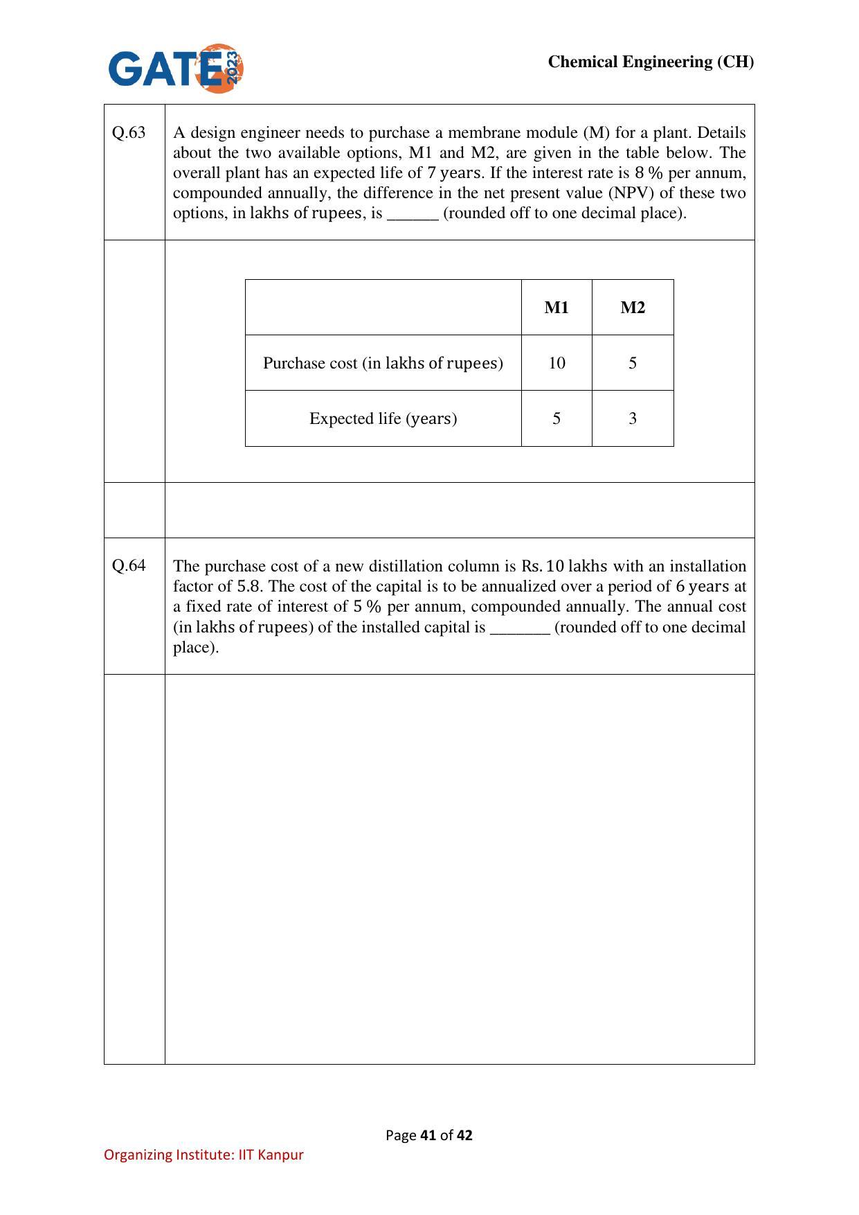 GATE 2023 Chemical Engineering (CH) Question Paper - Page 41