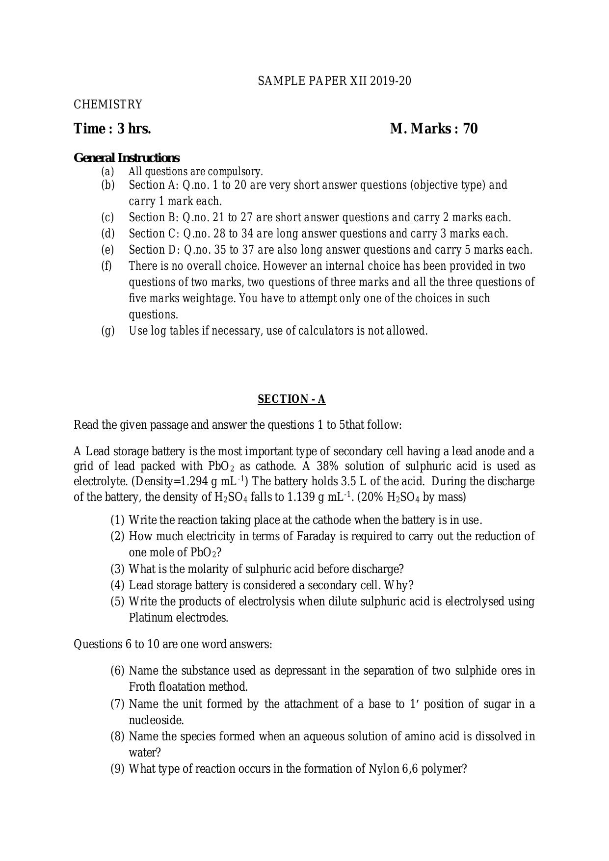 CBSE Class 12 Chemistry Skill Education-Sample Paper 2019-20 - Page 1