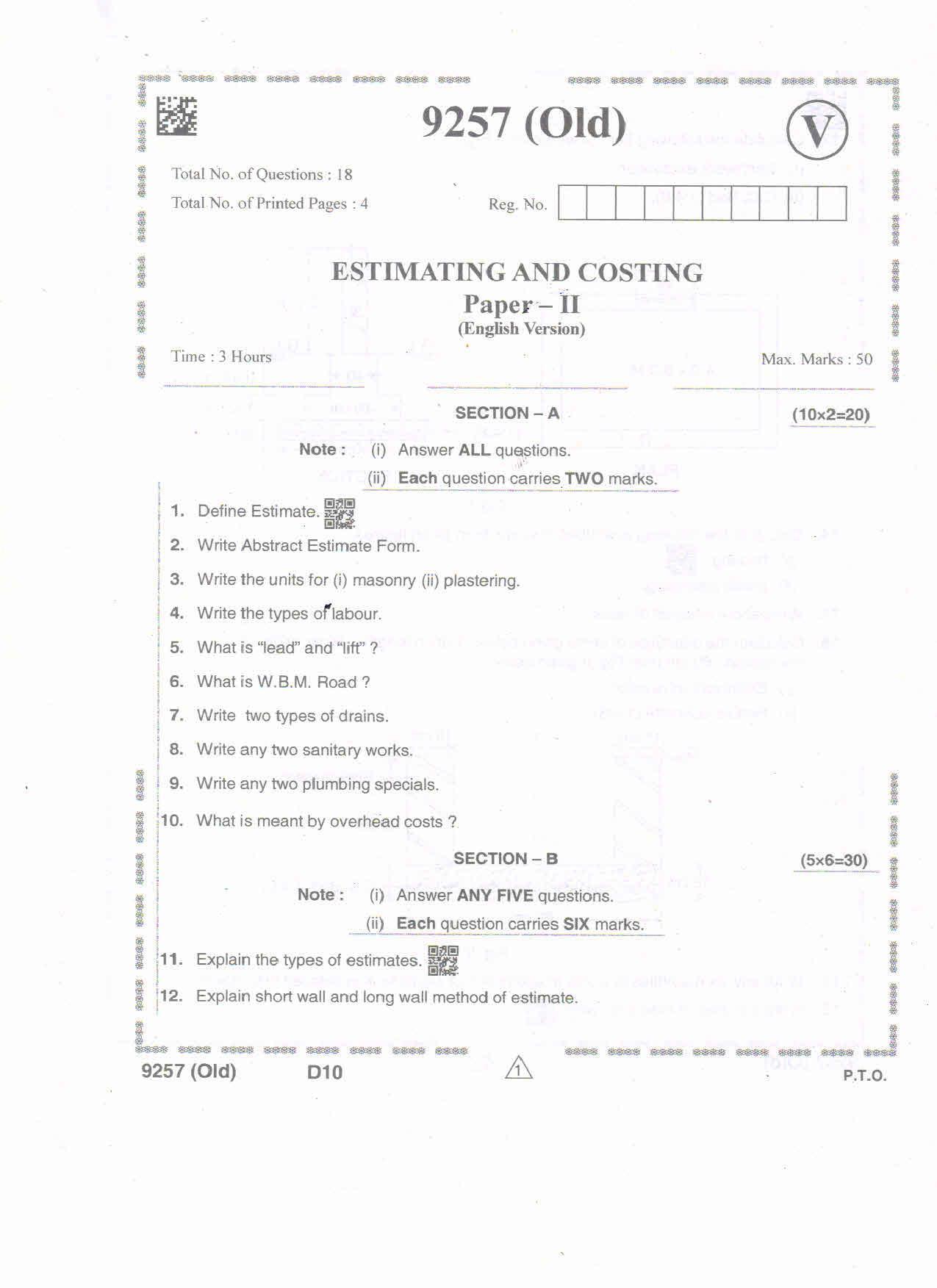 AP Intermediate 2nd Year Vocational Question Paper September-2021- Estimating&Costing-II- - Page 1