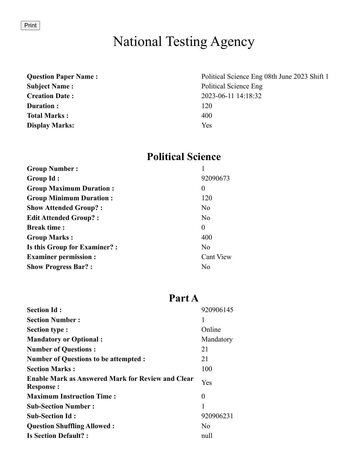 CUET PG 2023: HUQP18 – Political Science (Eng.)-Shift 1 (08-06-2023) Question Paper - Page 1