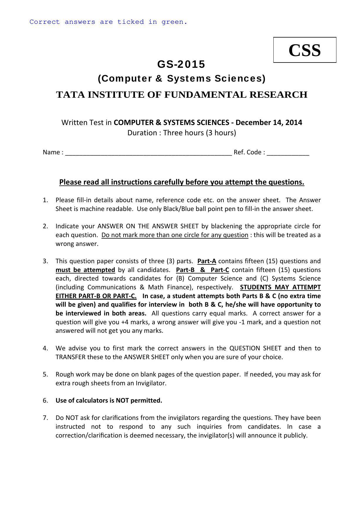 TIFR GS 2015 Computer & Systems Sciences Question Paper - Page 1