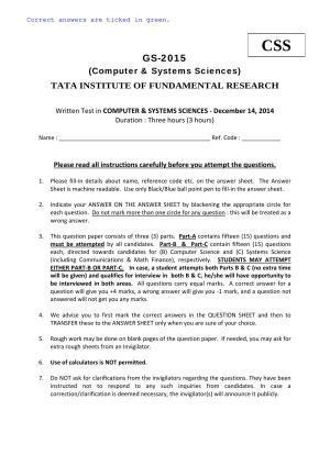 TIFR GS 2015 Computer & Systems Sciences Question Paper