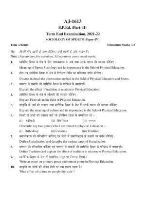 Bilaspur University Question Paper 2021-2022:Bachelor Of Physical Education  (Second Year) Sociology Of Sports Paper 1