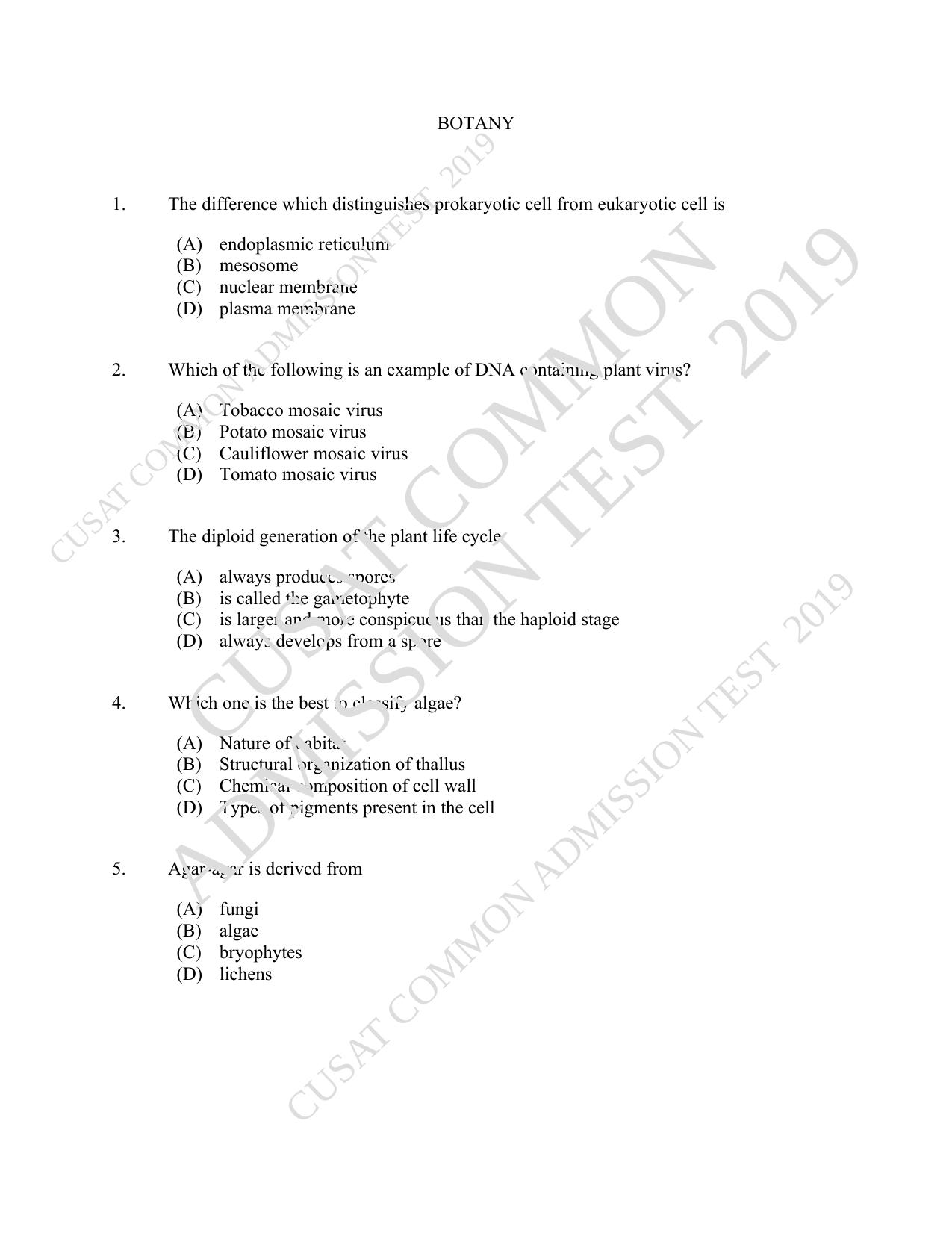 CUSAT CAT 2019 Botony Question Paper With Answer Key - Page 1