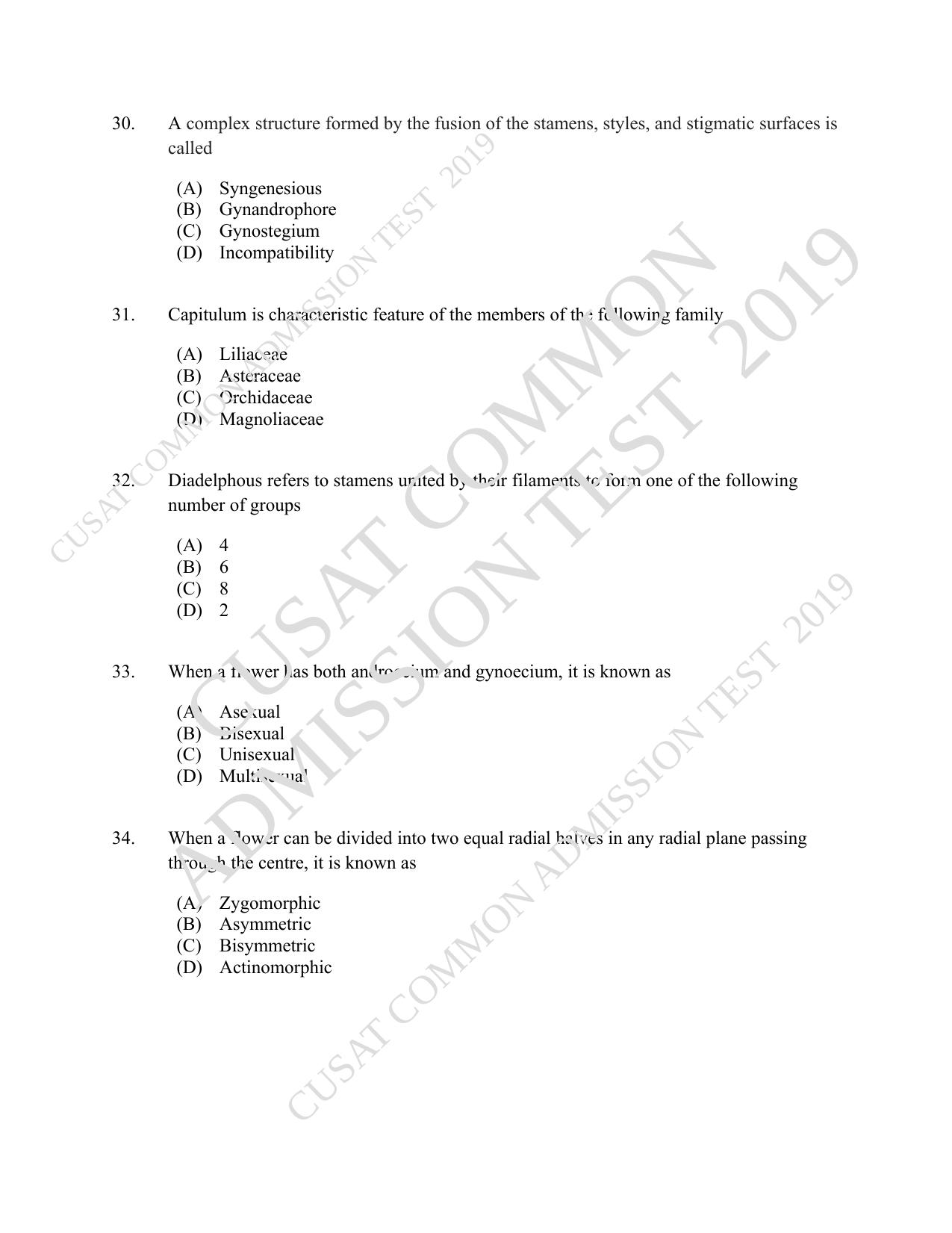 CUSAT CAT 2019 Botony Question Paper With Answer Key - Page 6