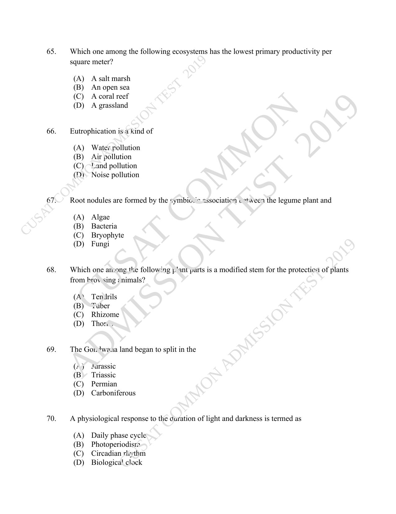 CUSAT CAT 2019 Botony Question Paper With Answer Key - Page 12