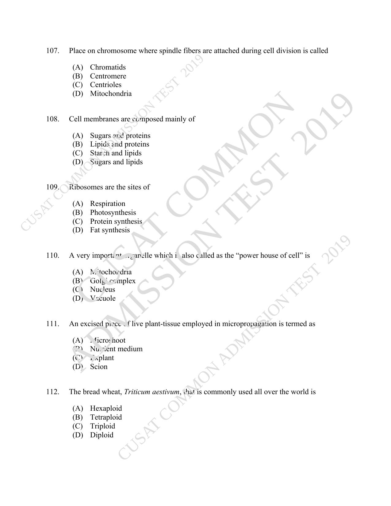 CUSAT CAT 2019 Botony Question Paper With Answer Key - Page 19