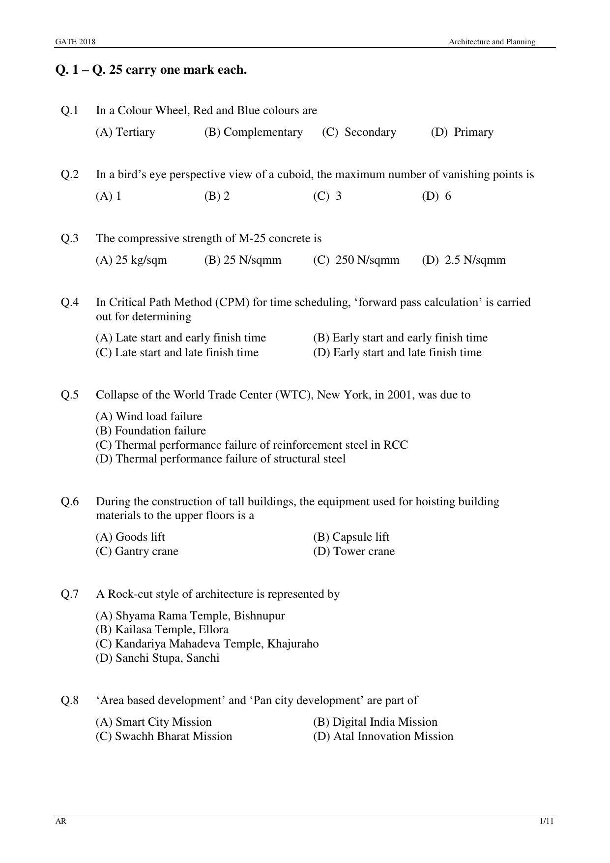 GATE 2018 Architecture and Planning (AR) Question Paper with Answer Key - Page 3